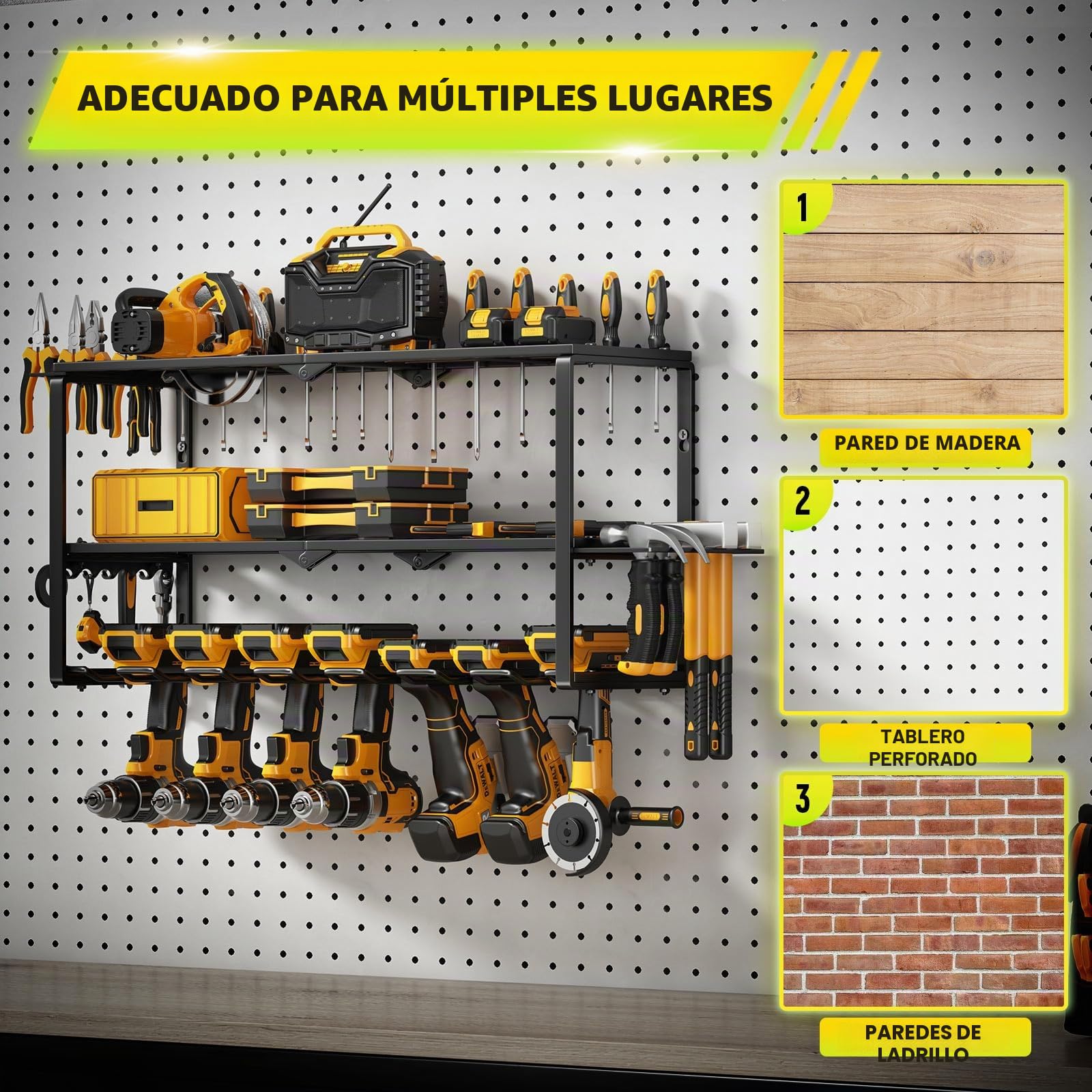 Hipidian Organizador de Pared 3 Niveles para Herramientas Eléctricas - Soporte con 7 Portabrocas y 68 kg Capacidad, Almacenaje en Acero para Taller, Garaje y Trastero