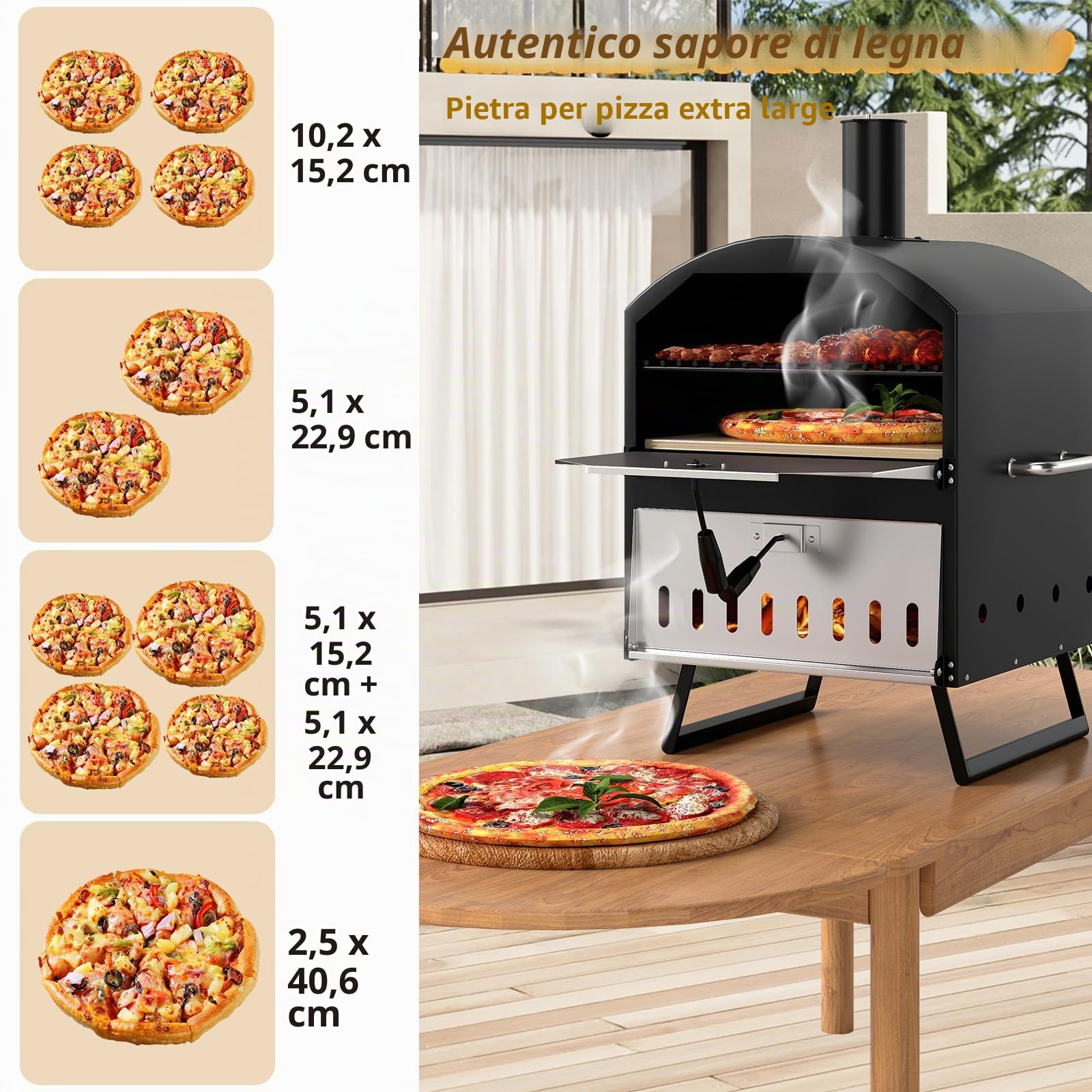 KOMFOTTEU Forno per Pizza da Esterno con 2 Strati, Griglia in Legno Portatile con Copertura Protettiva, Pietra per Pizza, Pala per Pizze, Griglia, Forno per Pizze per BBQ, Campeggio, Festa, Nero