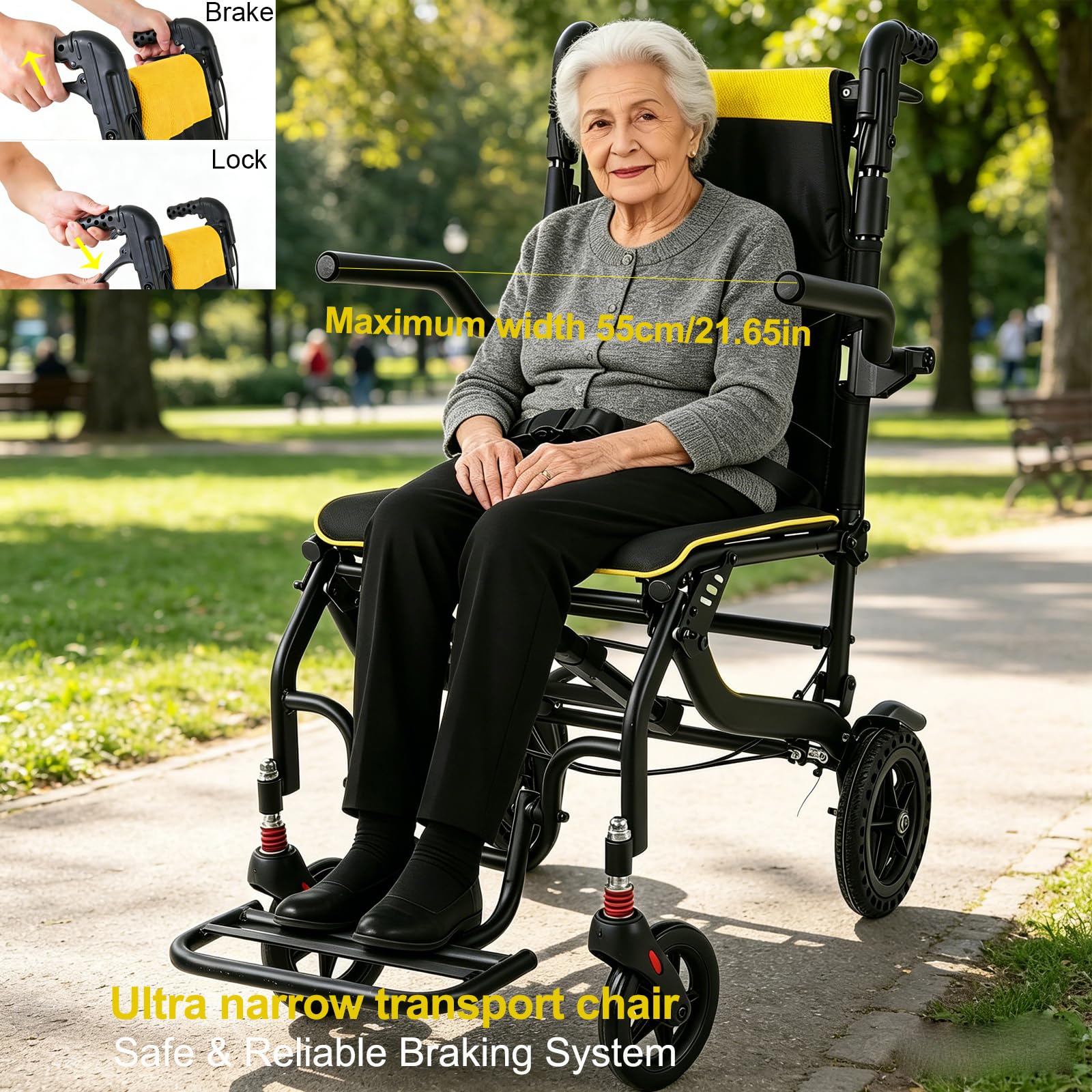 Silla de ruedas plegable ligera 2026, respaldo ajustable, neumáticos de panal de abeja de, sillas de transporte con mango telescópico, reposapiés plegables y reposabrazos, hasta 100kg