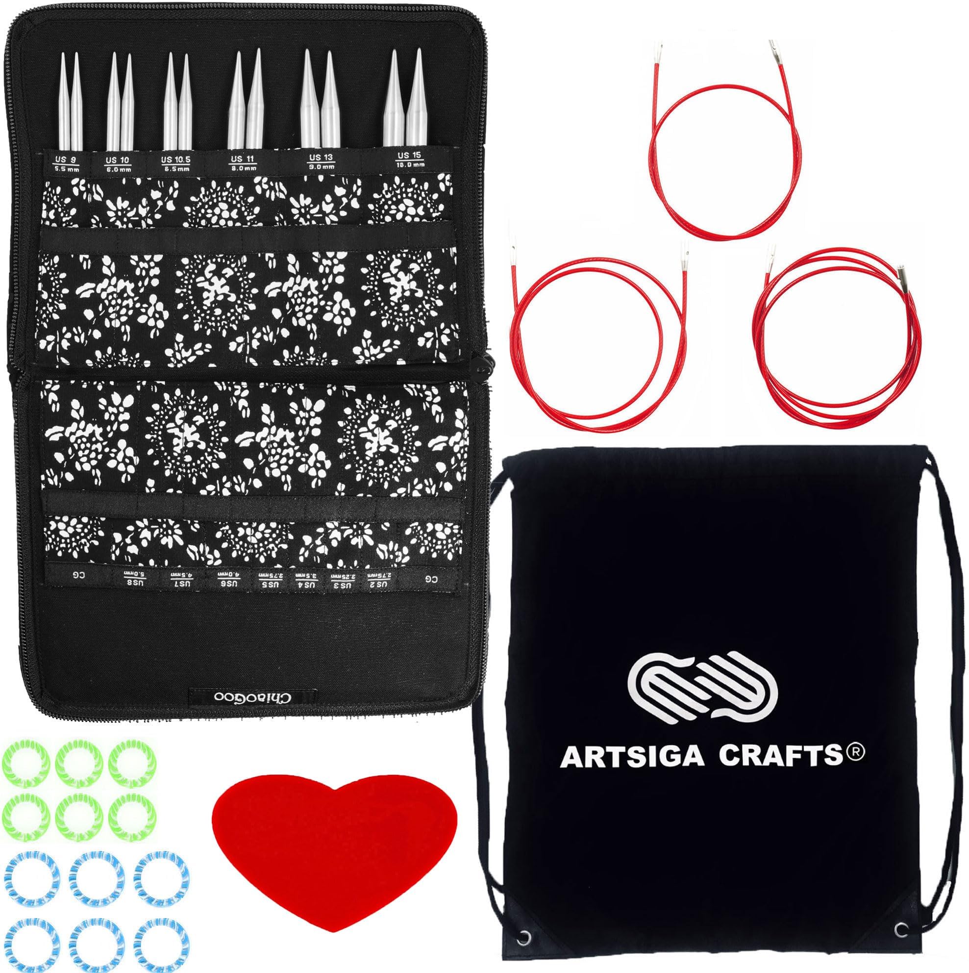 ChiaoGooTwist Red Lace 5-Inch Large 7500-L Interchangeable Circular Knitting Needle Set, Sizes US 9, 10, 10.5, 11, 13, 15, Stainless Steel with 3 Cords Bundle with 1 Artsiga Crafts Project Bag