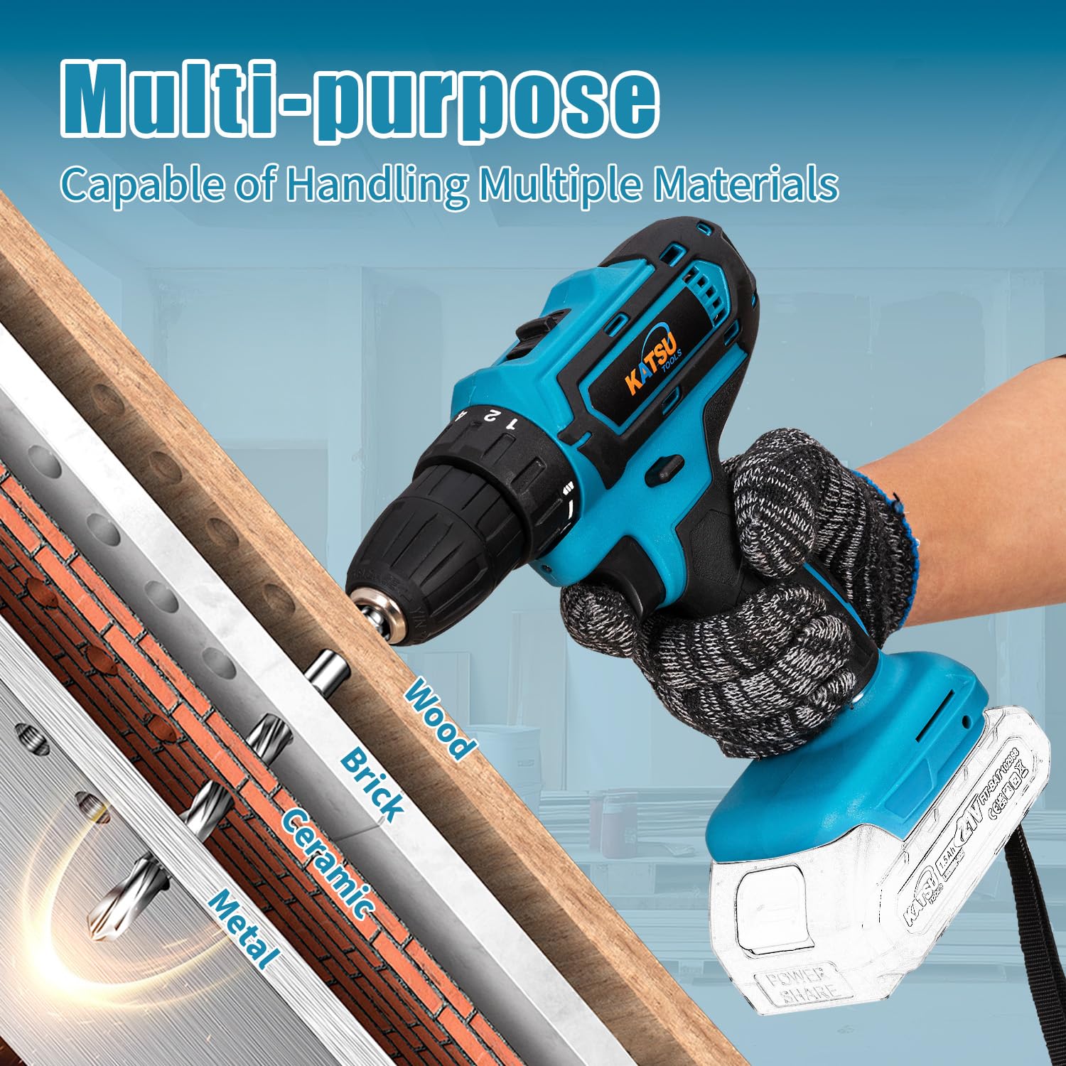 KATSU FIT-BAT 21V wiertarko-wkrętarka akumulatorowa 21 V, uchwyt zaciskowy 10 mm, 2-biegowa przekładnia, lampka LED, idealna do majsterkowania w domu i ogrodzie, bez akumulatora i ładowarki (gamme