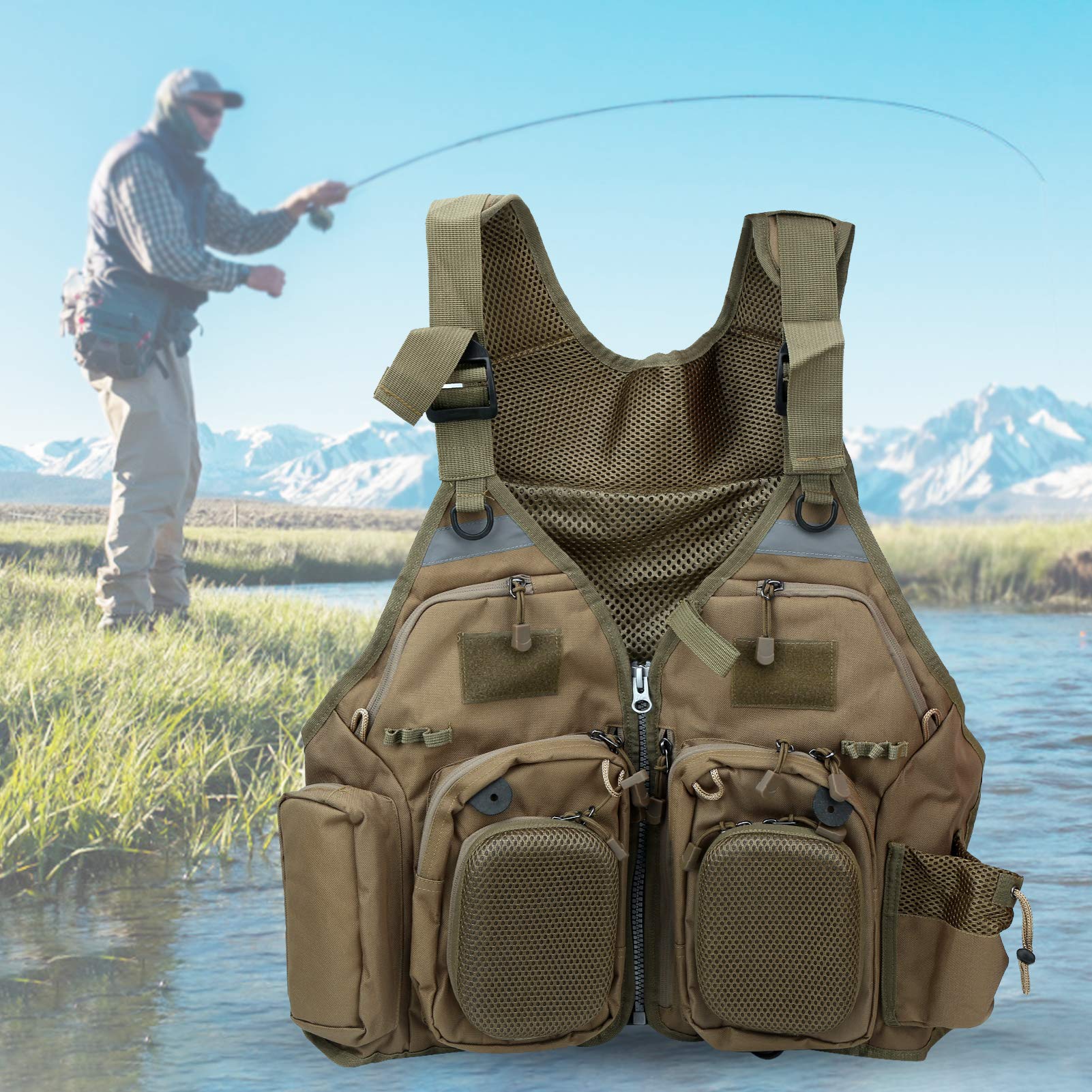 Drfeify Chaleco de Pesca de Bolsillo Múltiple Chaleco Deportivo Profesional con 6 Bolsillos Delanteros Bolsas de Malla Tiras Reflectantes Hebillas Ajustables para Actividades Al Aire