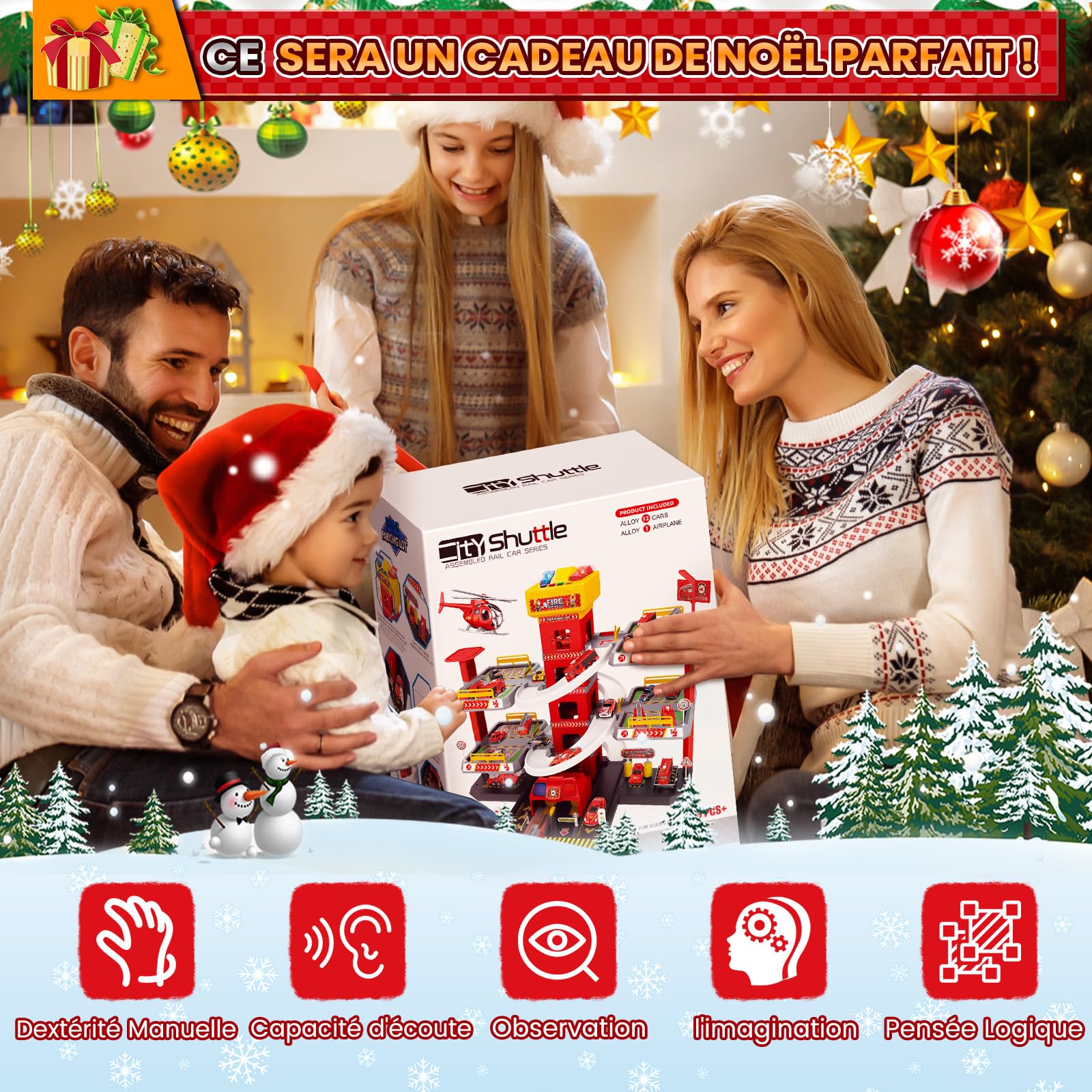 BuzzoXerex 5 Etages Garage pour Enfants, Piste de Course avec 14 Voitures et 2 Hélicoptère, Jouet Garage Voiture avec Ascenseur Electrique Circuit, Cadeaux pour Enfants 5 6 7 8 9 Ans (Rouge)