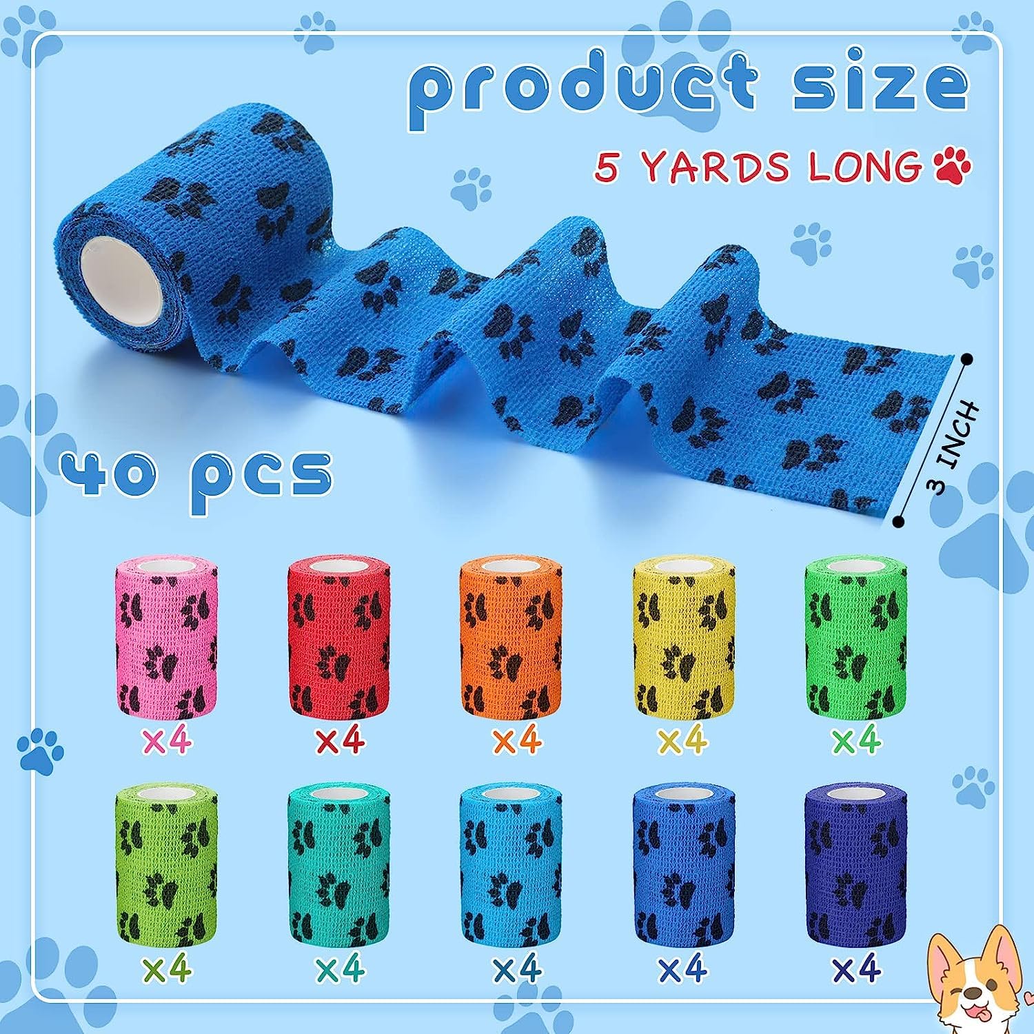 40 Pezzi Benda Autoadesiva Nastro Non Tessuto Bende Coesive Elastiche Cura delle Ferite per Cani Animali Domestici Gatti Distorsioni della Caviglia degli Animali Gonfiore