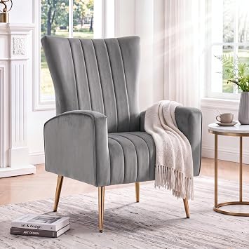 LSSPAID Velvet Accent Chairs Set of 1, Modern Fabric Upholstered Living Room Chairs Armchairs with Wing Back and Metal Legs, Grey