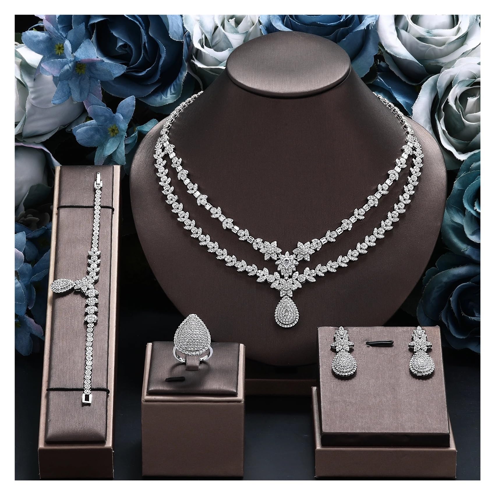 ZHGUIMING Set completo da sposa da 4 pezzi, gioielli da festa for donna, collana di lusso in cristallo di Dubai Nigeria
