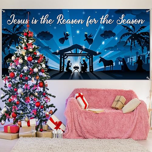 Miniatura 6 de Pancarta de 6 x 13 pies para puerta de garaje de Santa Natividad, para exteriores, grande, escena de pesebre de Navidad, telón de fondo religioso,