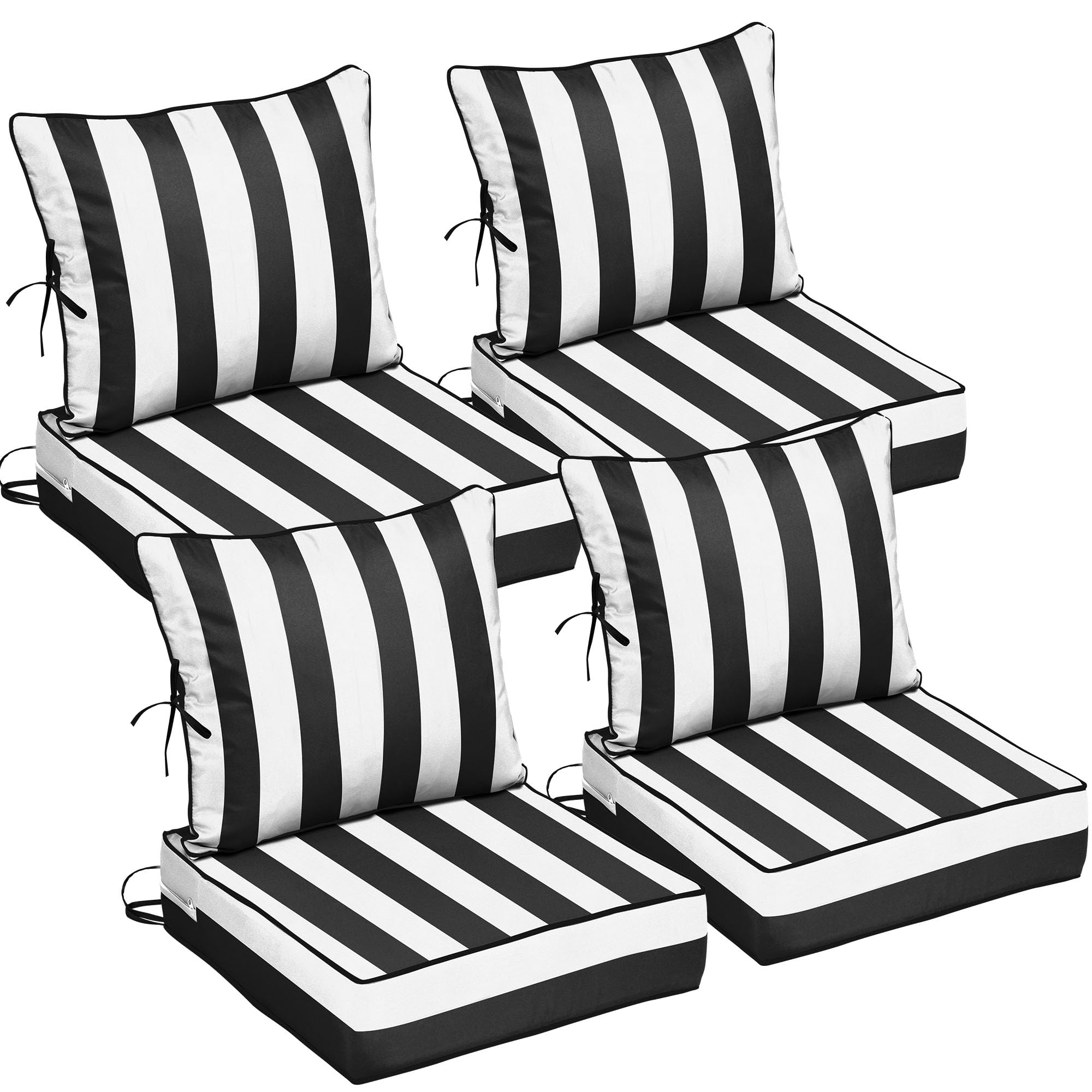 24x28 Outdoor Chair Cushions Set of 4, Waterproof Deep Seat Cushions for Patio Furniture with Removable Cover, Fade Resistant 4'' Outdoor Seat Cushion with Ties&amp;Handle for Sofa Loveseat,Black Striped