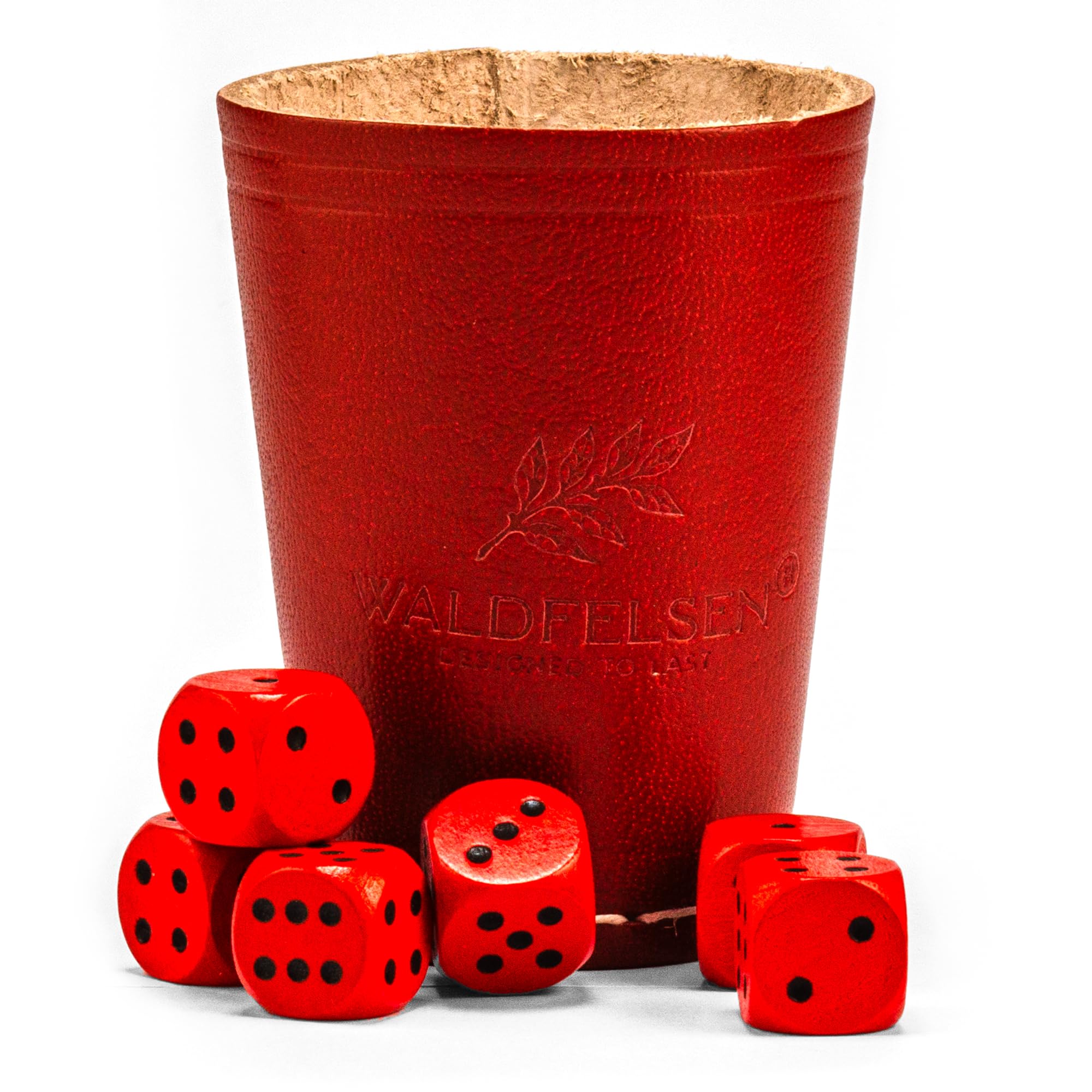 WALDFELSEN® Genuine Leather Dice Cup (9 cm) with 6 Wooden Dice (16 mm) Beech Wood Leather Cup Dice Set (Color: Red)