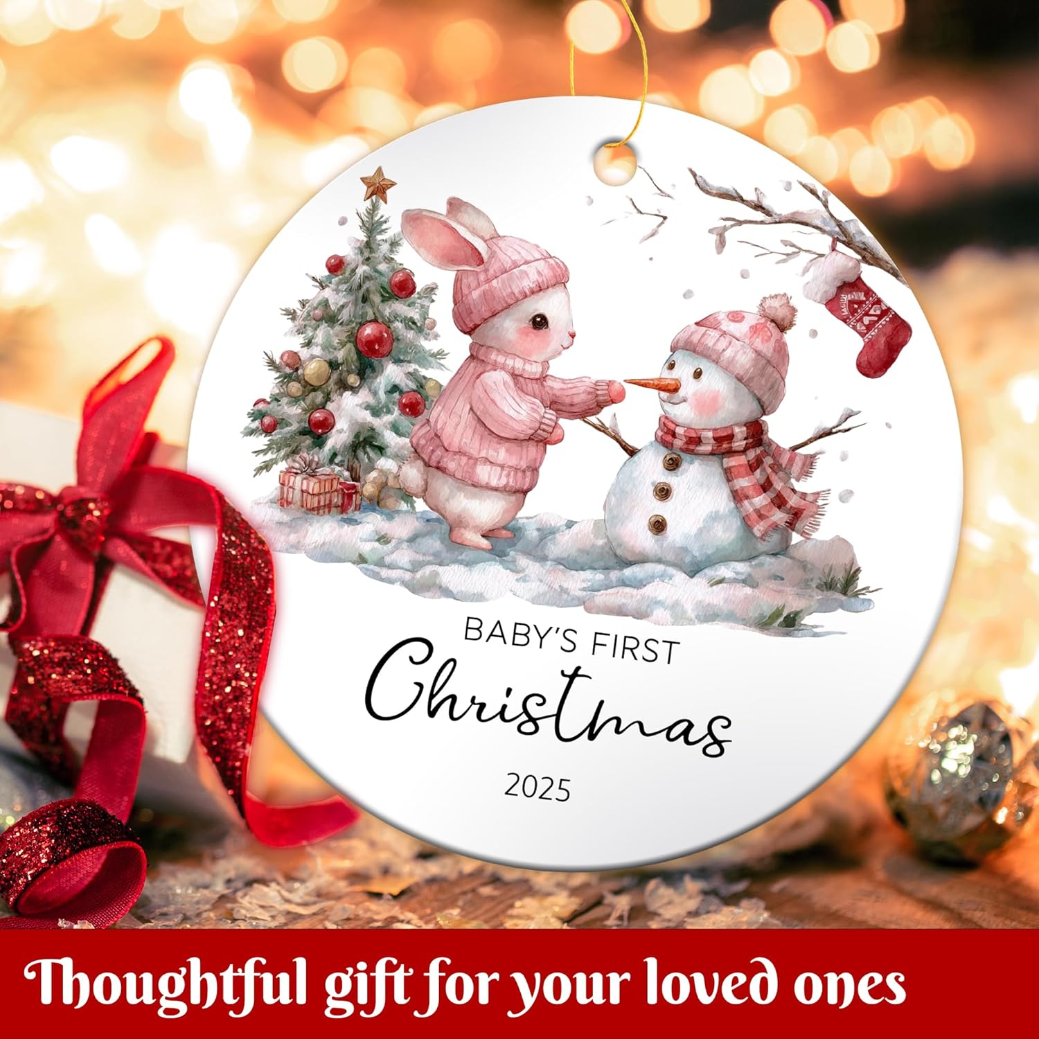 Bunny Baby's First Christmas Ornament Gifts for New Parents, 2025 New Baby Girls Ornaments for Christmas Tree, Ceramic - Image 3