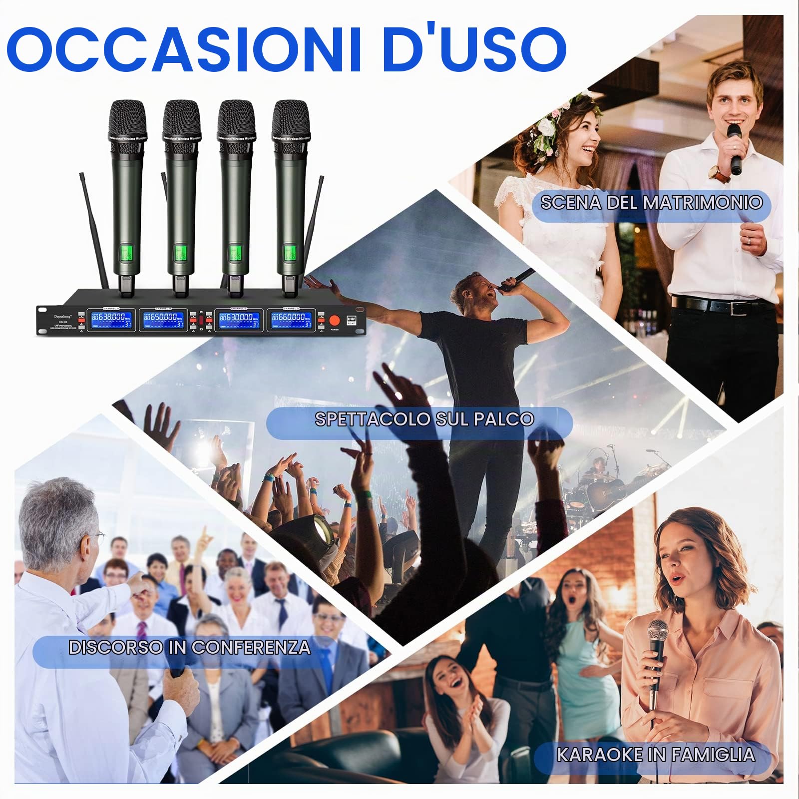 Depusheng Microfoni wireless Microfono palmare wireless dinamico professionale 4 canali, set per karaoke, ricezione a lunga distanza di 100 metri, Ottimo per palcoscenico festa matrimonio