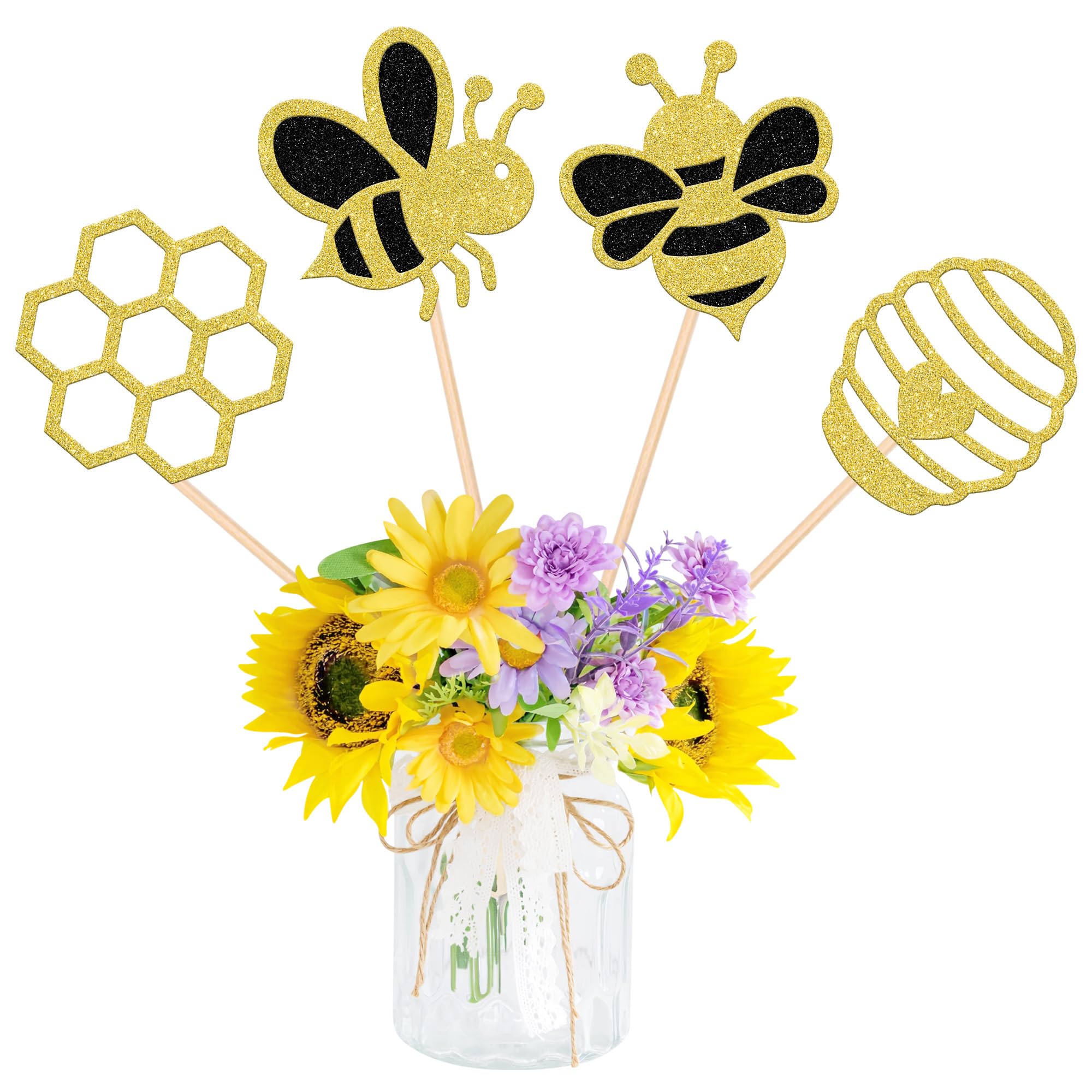 12 PCS Bumble Bee Centerpiece Sticks Glitter Gender Reveal Honeycomb Table Flower Centerpieces Bee Birthday Floral Decorations for Baby Shower Kids