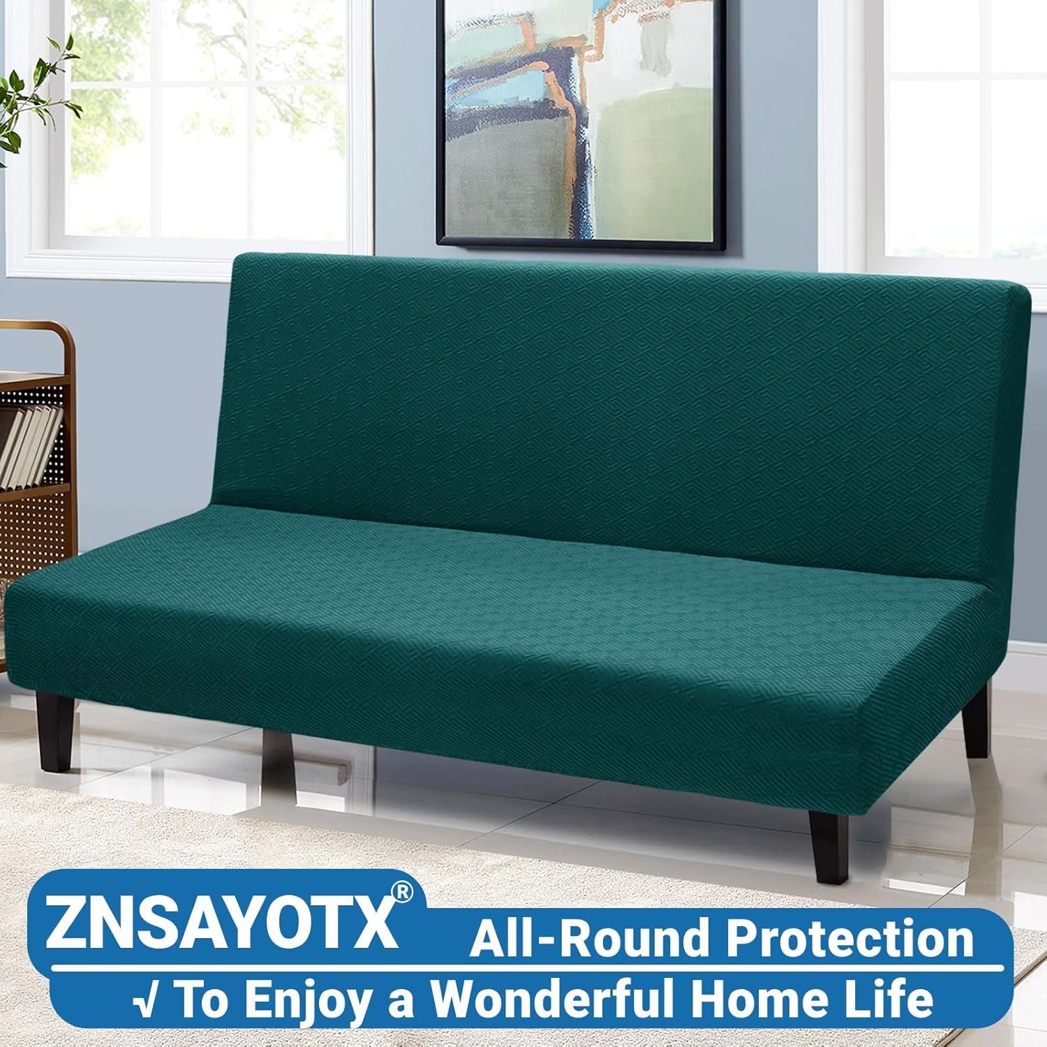 ZNSAYOTX Stretch Fit Futon Cover (67"-82") Armless Futon Sofa Bed Slipcover with Elastic Band, Universal Foldable Sofa Mattress Protector Full Queen Size, Washable Comfort Jacquard (Teal Green)