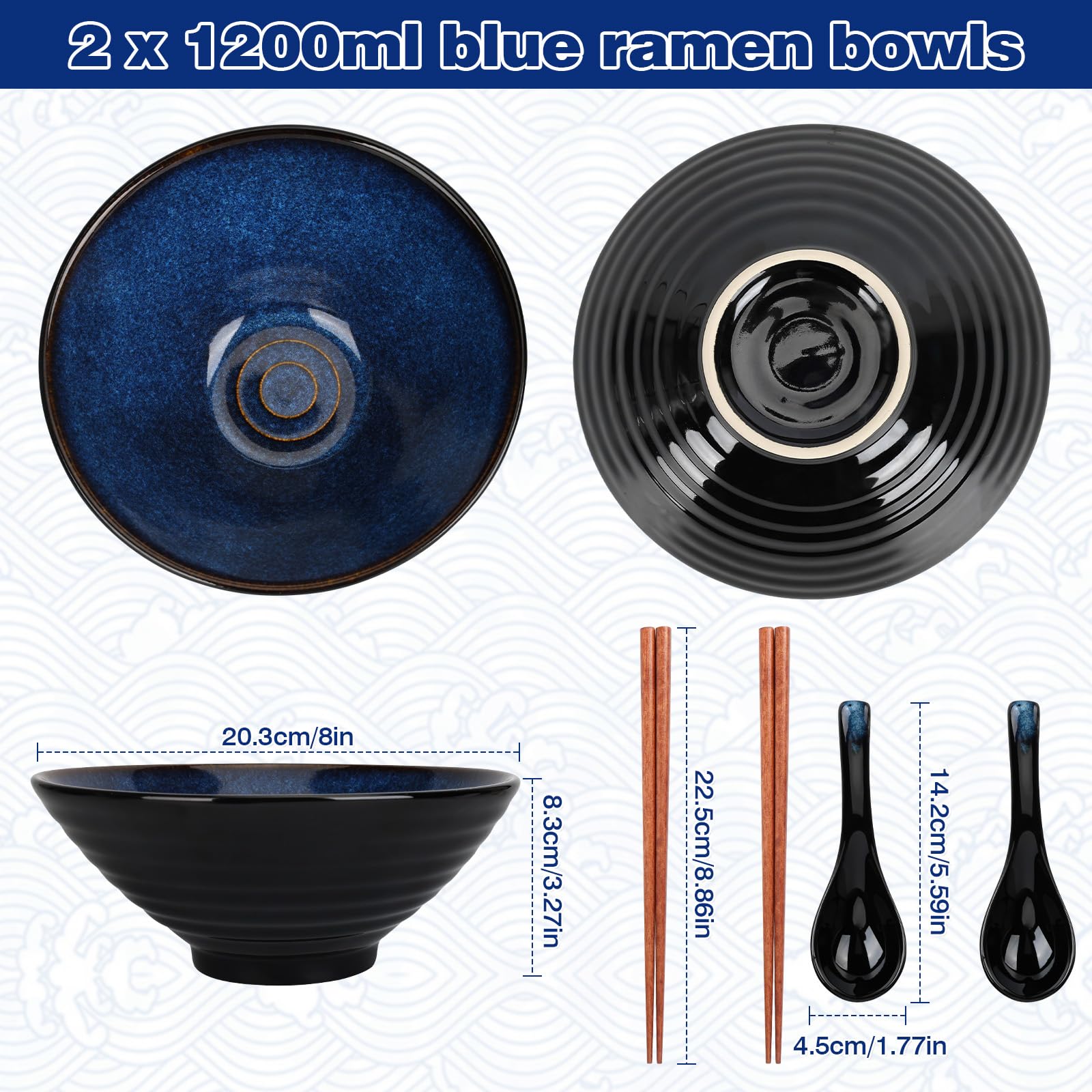 Set di 2 Ciotola Ramen Giapponesi da 1200 ml, con Bacchette e Cucchiai, Ciotole Ramen Bowl in Ceramica, Regalo Creativo Ciotola per Ramen, Insalata di Frutta, Verdura, per Forno a Microonde (Blu)