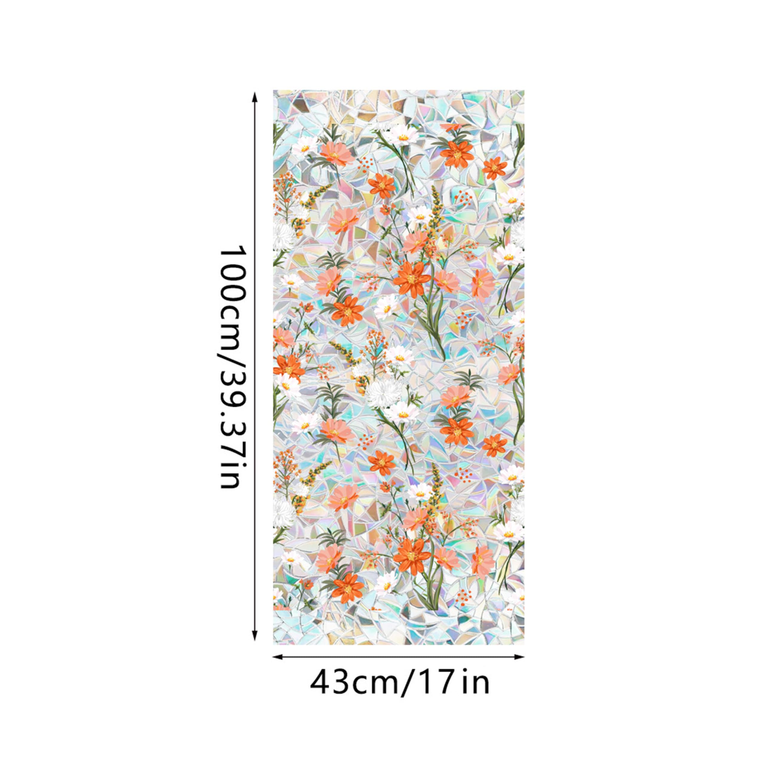 Partslety 39x17in Flowers Window Film, Privacy Static Cling Glass Decal, Non-Adhesive Colorful Sticker, Removable Door Film Window Covering for Bedroom Bathroom 43X100cm