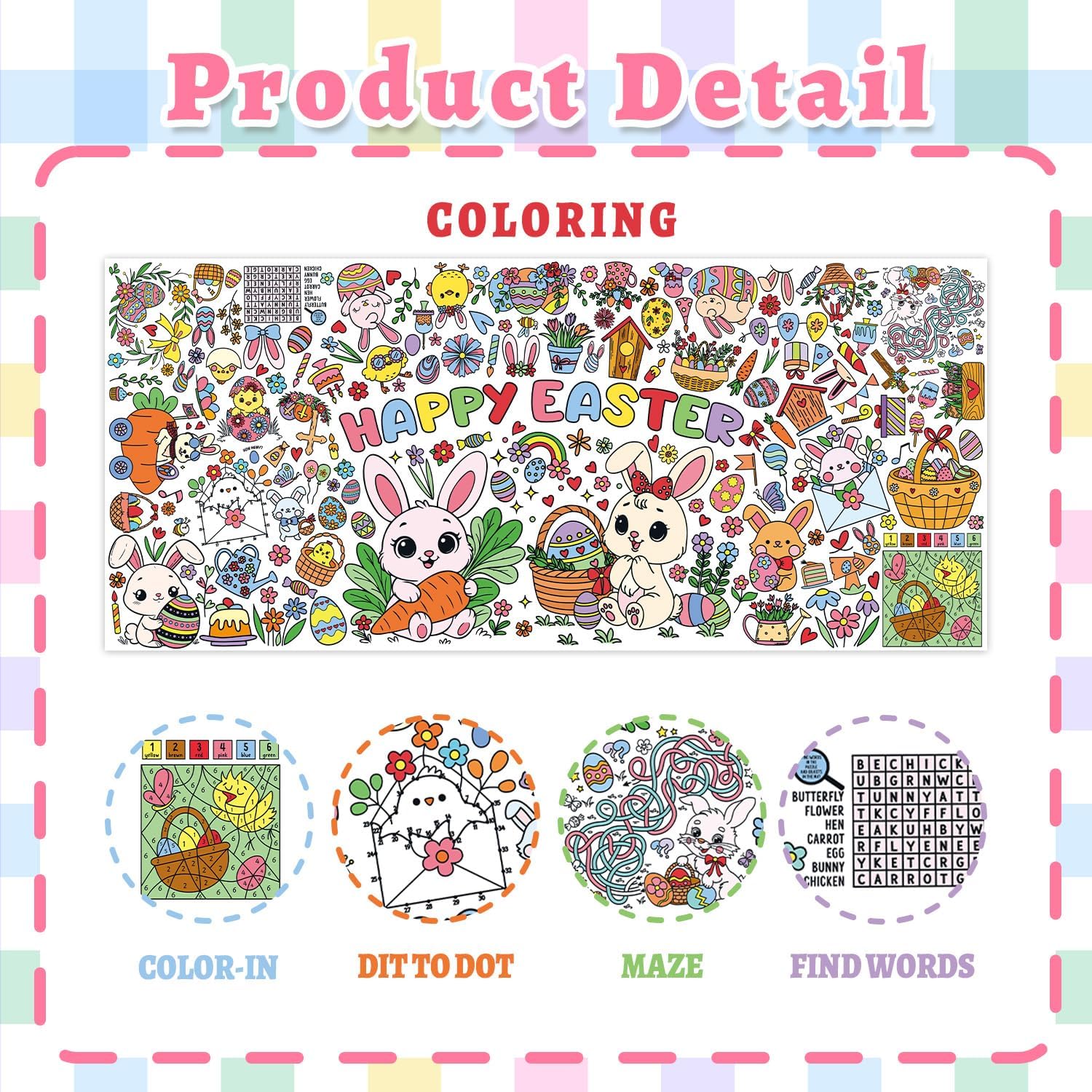 Easter Coloring Tablecloth - 71 x 31.5 Inches Large Coloring Poster, Easter Party Decorations - Crafts, Games, Basket Stuffers, Classroom Activities