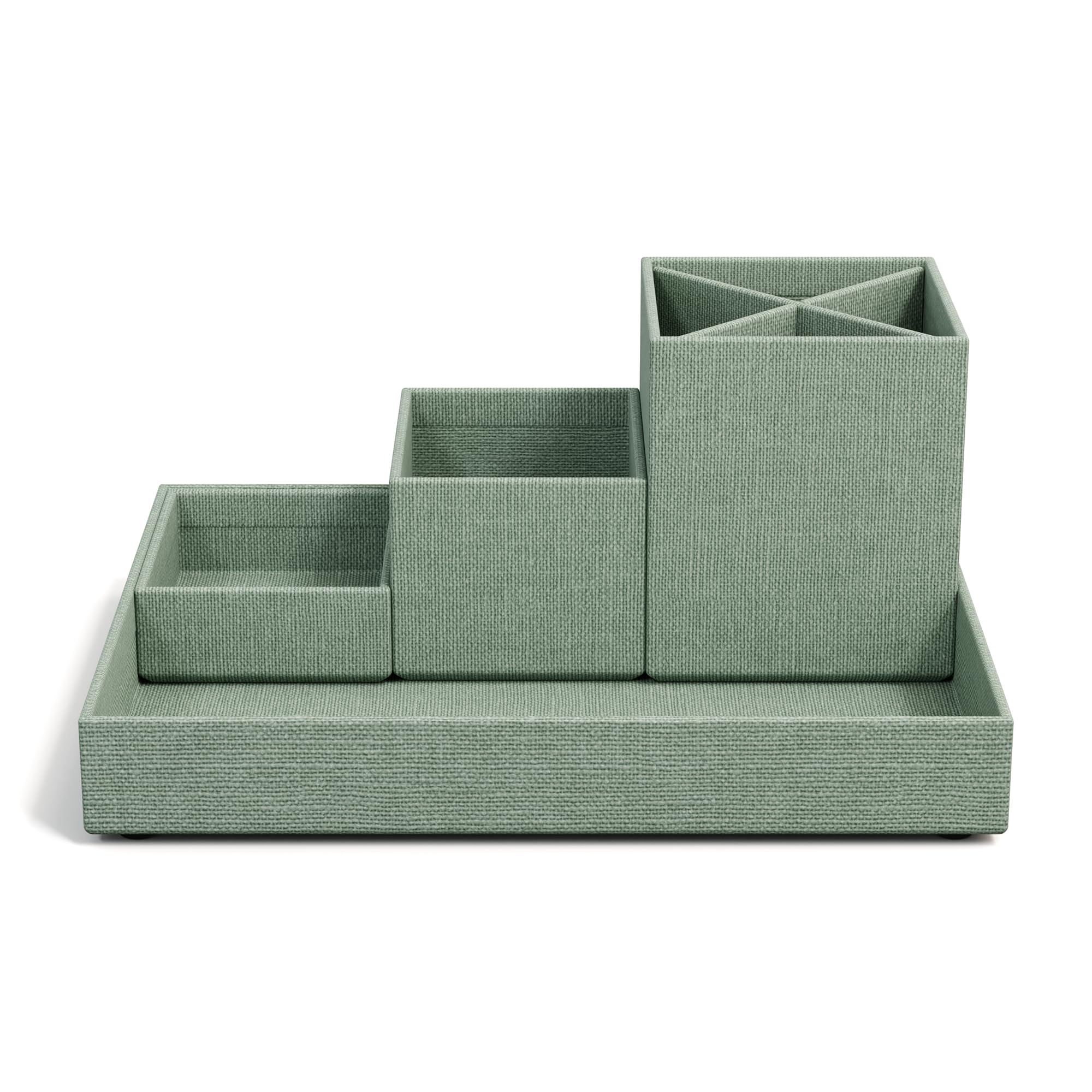 BIGSO BOX OF SWEDEN LENA Schreibtisch Organizer für Stifte, Büroklammern, Haftnotizen usw. – Sortierkasten mit 4 Fächern – Ordnungssystem aus Faserplatte und Papier in Leinenoptik – mintgrün