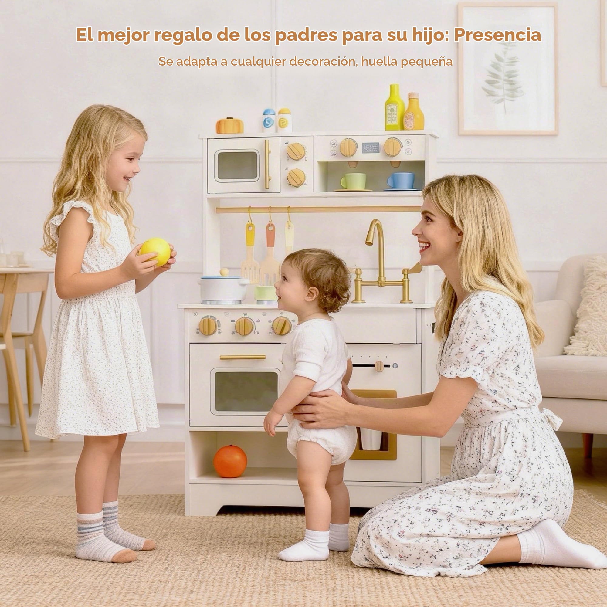 Cocinita de Madera Infantil, Cocina Juguete con Máquina de Hielo, Estufa