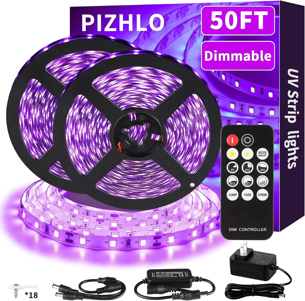 Tiras de luz negras de 50 pies y control remoto, 900 LED flexibles regulables | Tira de luz negra de 12V para fiesta de Halloween, pintura corporal, cumpleaños, dormitorio, habitación, tapiz fluorescente, póster para interior