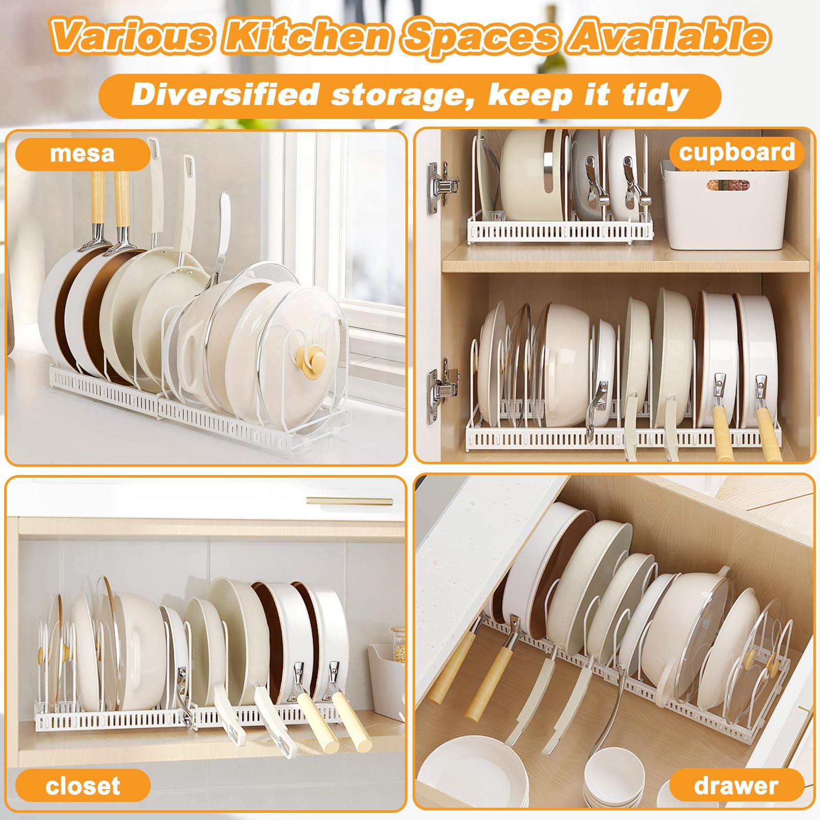 Porta Coperchi Pentole con 10 Scomparti Regolabili, Organizer Padelle Salvaspazio Espandibile, Organizzatore Portacoperchi Interno Mobile Allungabile Cucina per Coperchio Padelles Cassettone (Bianco)