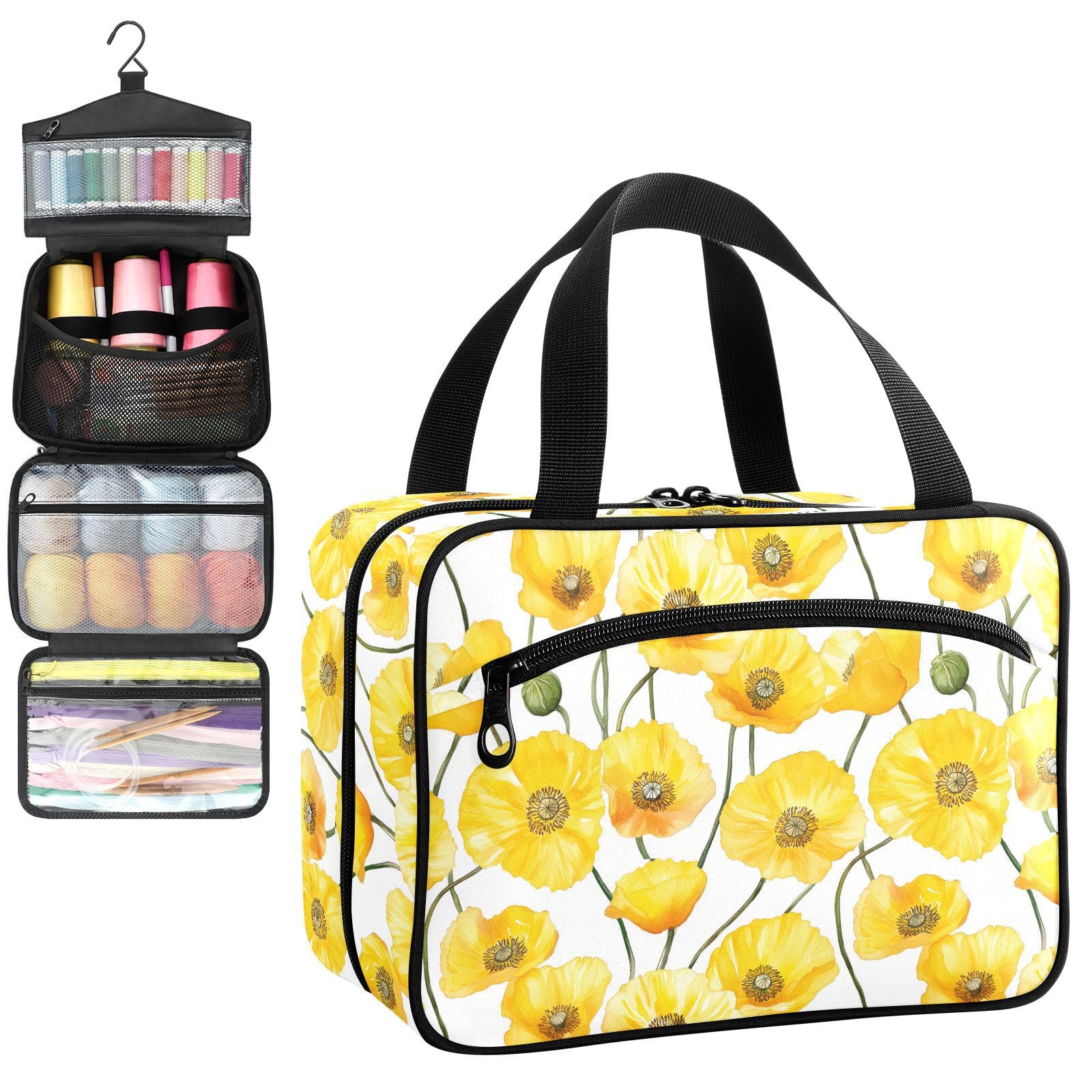 YNNALE Sewing Supply Organizer Bag, Yellow Poppy Flower with Green Stem Portable Sewing Bags with Pockets&Hanger, Sewing Storage Box Case for Sew Supplies/Kit/Tools/Accessories (BAG ONLY)