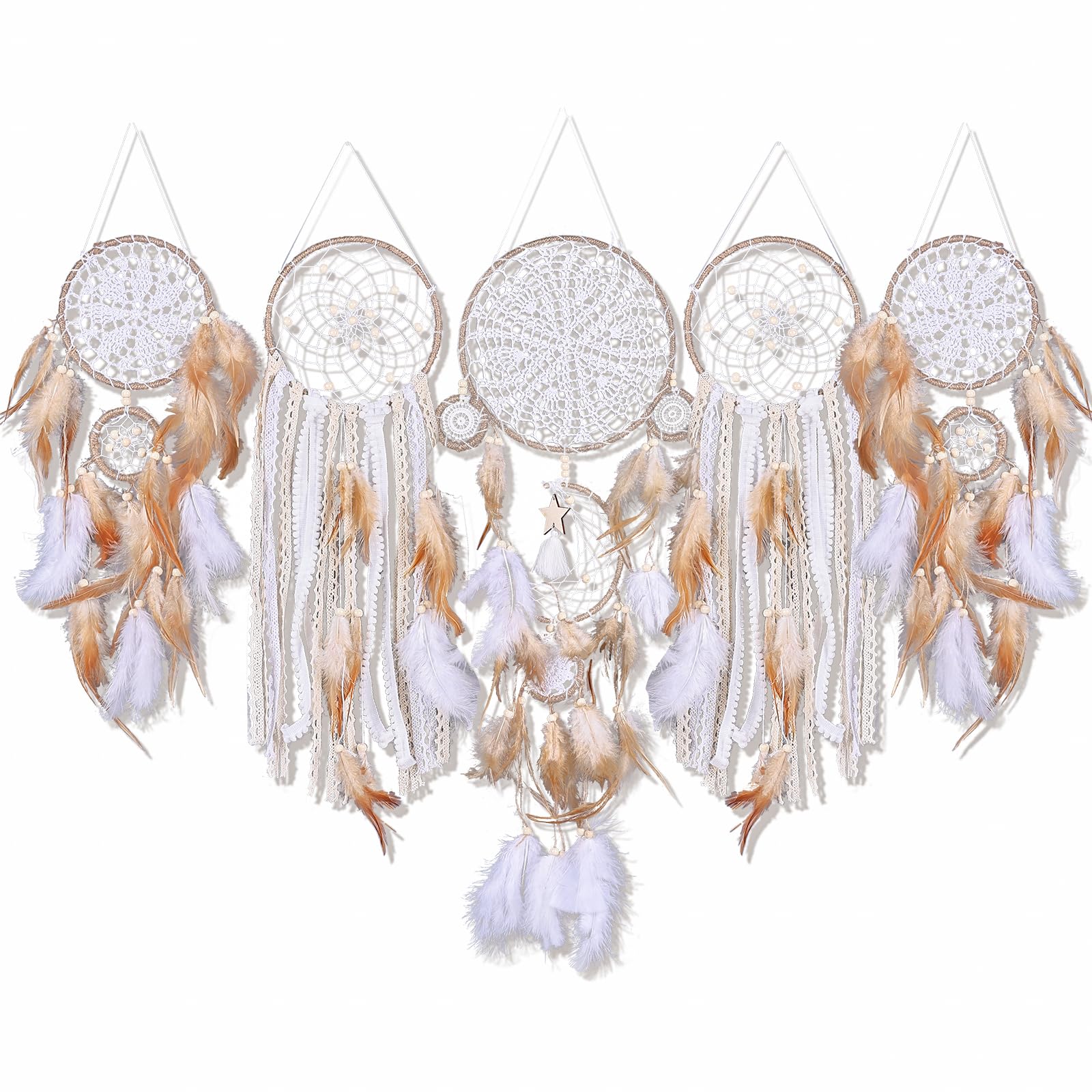 LINYTHER Dream Catcher Set of 5 Wall Decor Boho Wall Hanging Decor Dream Catchers for Kids Bedroom Living Home Decoration Large Dream Catchers for Wall Hanging Wall Deco (Light tan)
