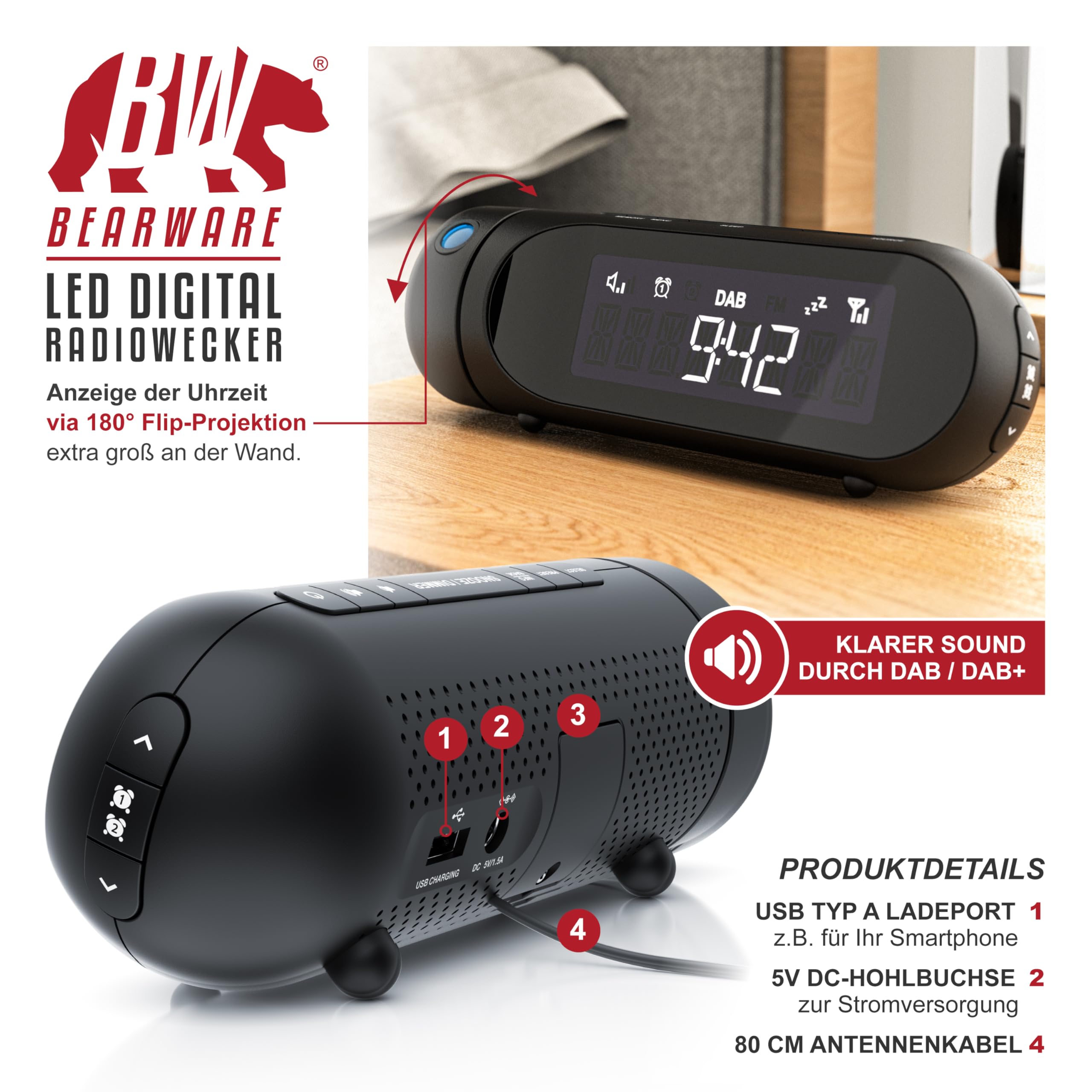 CSL - DAB Plus Radio - Radiowecker mit Projektion, Küchenradio digital, FM und DAB/DAB + Radio mit je 20 Speicherplätzen, 16 Lautstärkestufen, Wecker, 4 Helligkeitsstufen, Projektionswecker