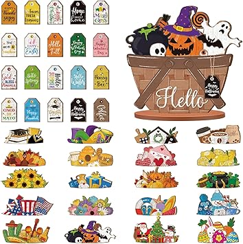 42 Pcs Interchangeable Holiday Flower Basket Seasonal Sign Fall Halloween Tiered Tray Decor Set Farmhouse Rustic Replaceable Wood DIY Hanging Drop Home Office Desk Accessory Ornament Gift