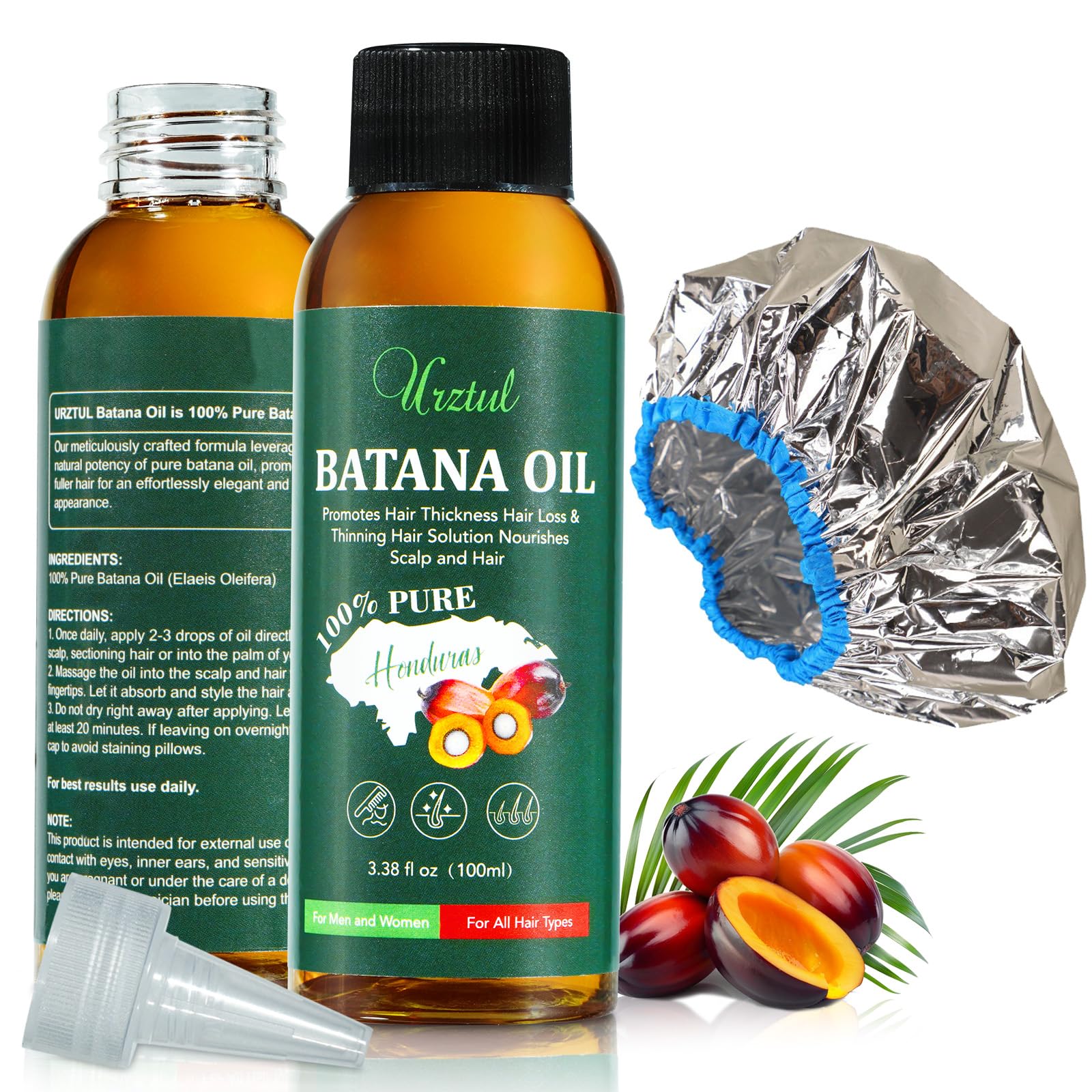 Raw Batana Oil for Hair Growth, Pure Batana Oil for Damaged Hair Care, Wild Growth Hair Oil Hair Fertilizer from Honduras, Prevent Hair Loss, Enhances Hair Thickness, with Hair Cap