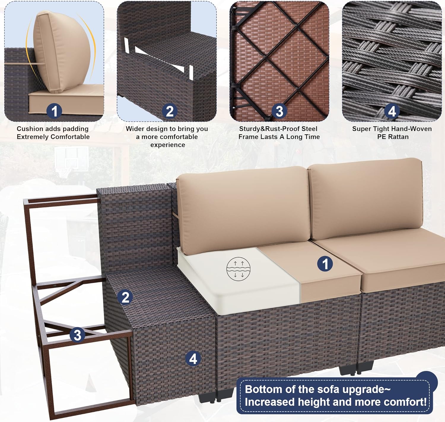 Kurapika 7 Pieces Patio Furniture Set, Rattan Wicker Outdoor Conversation Sets w/4 Inch Cushion and Glass Coffee Table(Sand)