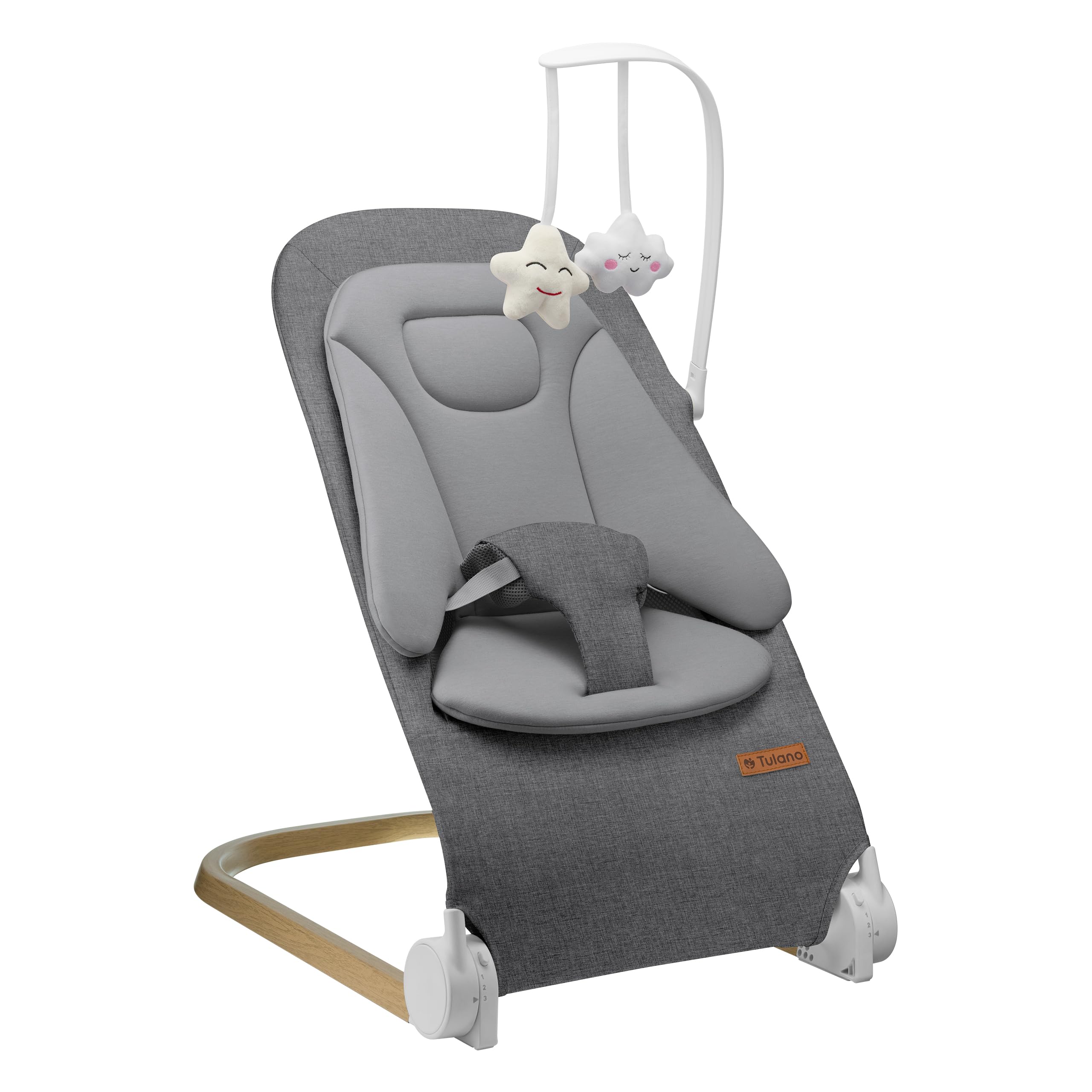 Tulano Moon 50 Babywippe – Babyschaukel mit Spielbogen Baby – 4 Positionen | Baby Wippe ab Geburt – natürliches Wippen – 3-Punkt-Gurt – UltraSoft-Matratze – Bezug waschbar – faltbar – Grau