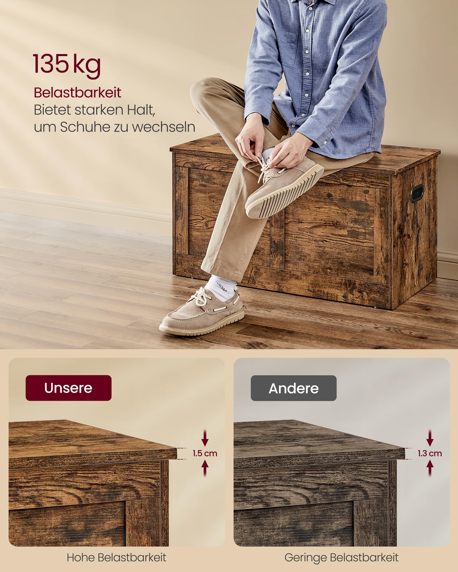 VASAGLE Storage Chest Bench Blanket Box 40x80x46.5 cm Rustic Brown