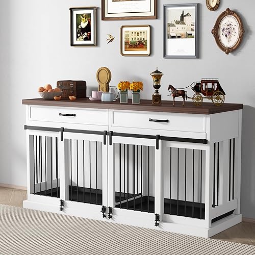 Muebles grandes para perros, perrera resistente de 71 pulgadas con divisor extraíble y puerta corredera, estilo muebles de interior para 2 mascotas