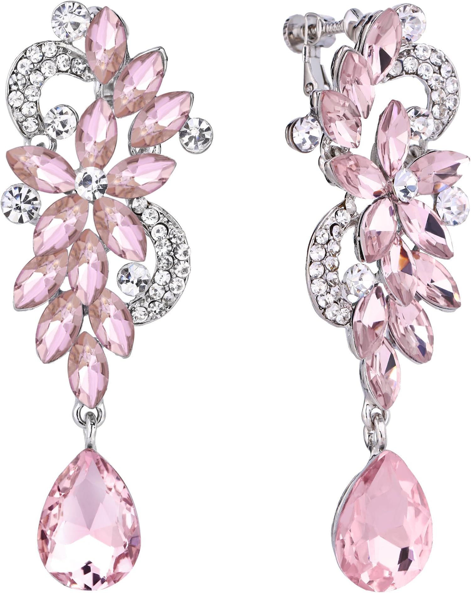 ClearineWomen's Clip-On Dangle Earrings Bohemian Boho Crystal Flower Wedding Bridal Chandelier Teardrop Earrings