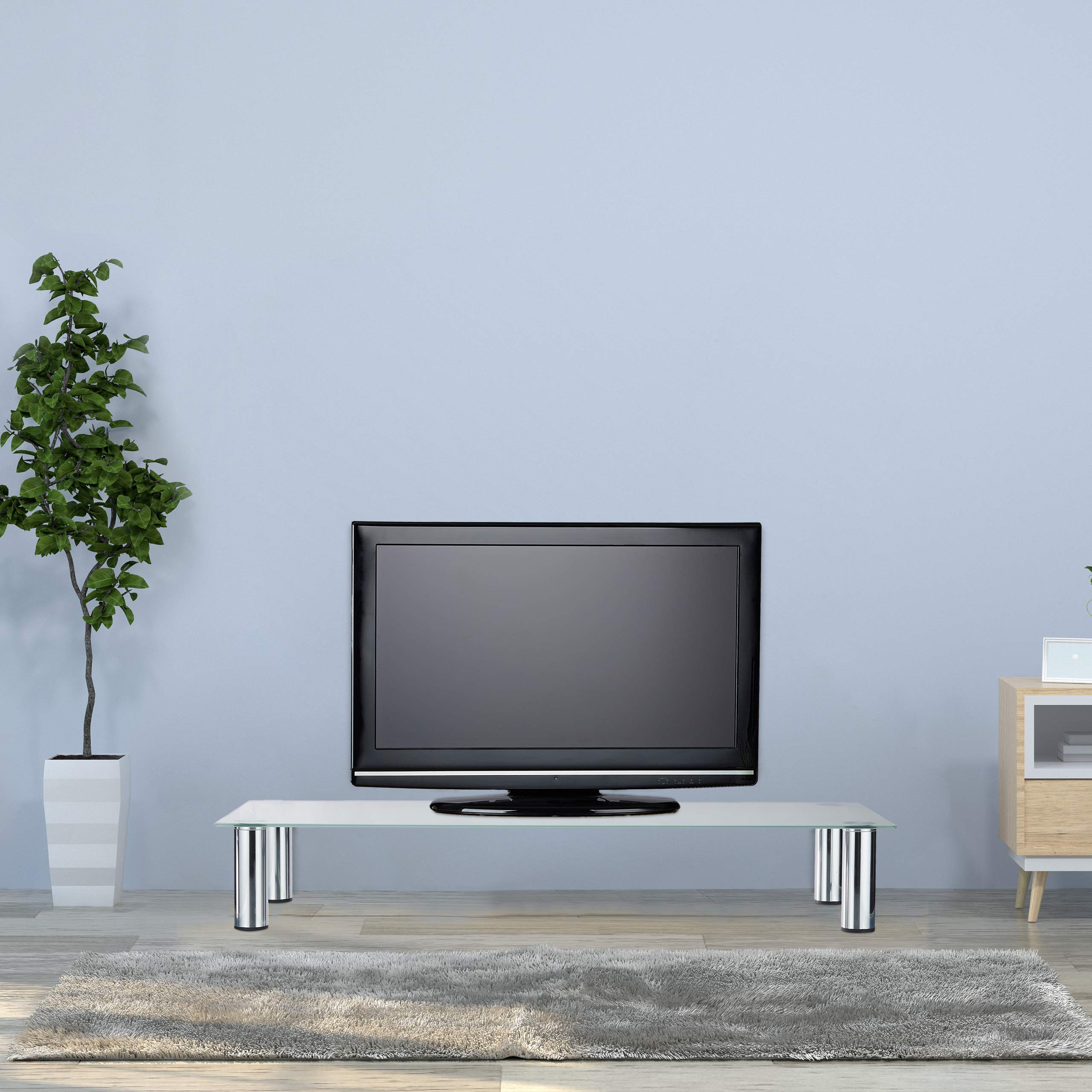 Relaxdays Tavolino TV Vetro, Gambe Metallo Cromato, Mobile Porta Televisione, Rettangolare, Ripiano, 100x35x17 cm, Bianco/Argento