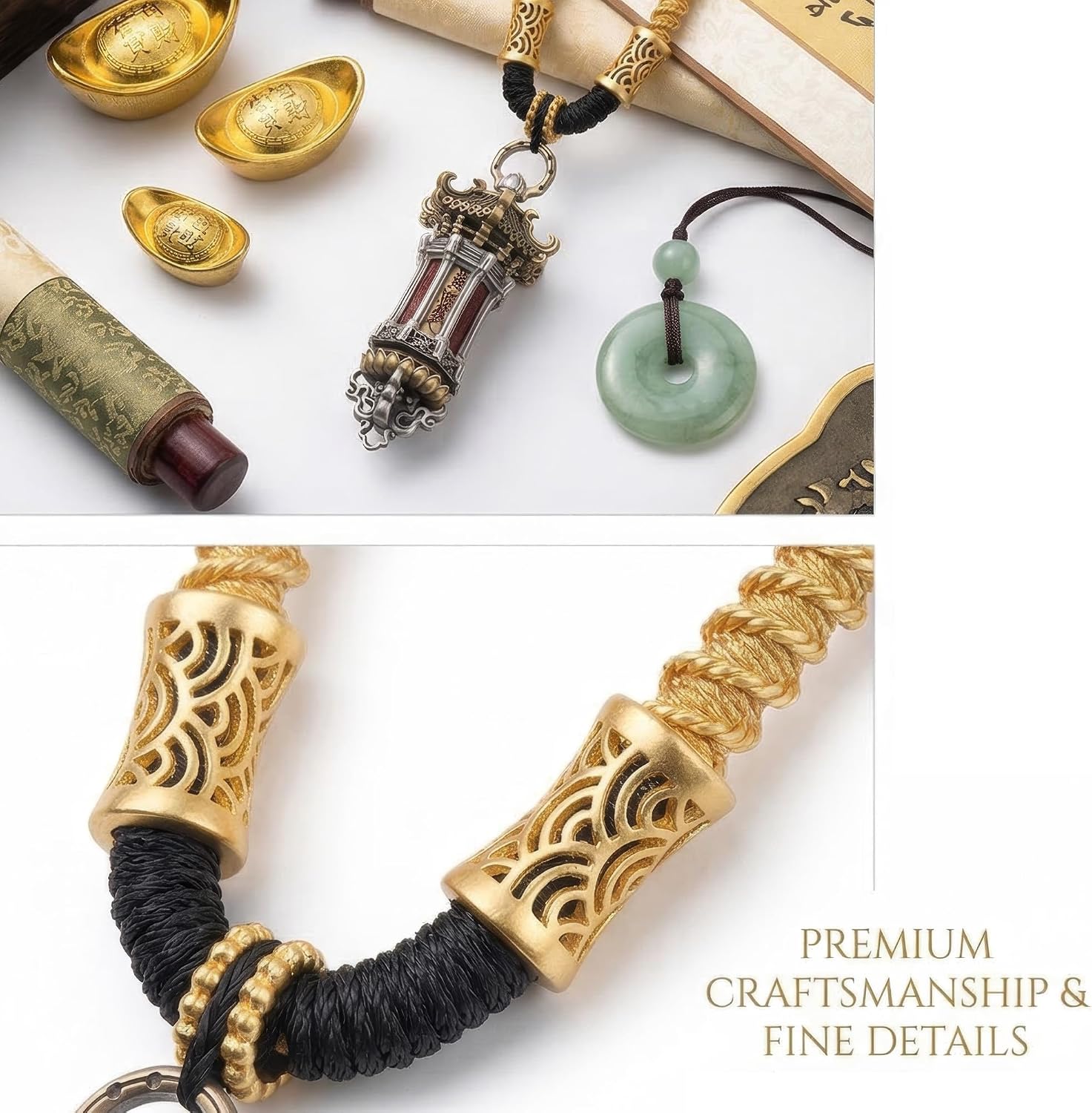 Brass Rotating Temple Necklace for Men, Taoist Talisman Pendant Good Luck Amulet, Five Roads of Wealth Jewelry, Protective Car Hanging Ornament, Vintage Brass Pendant
