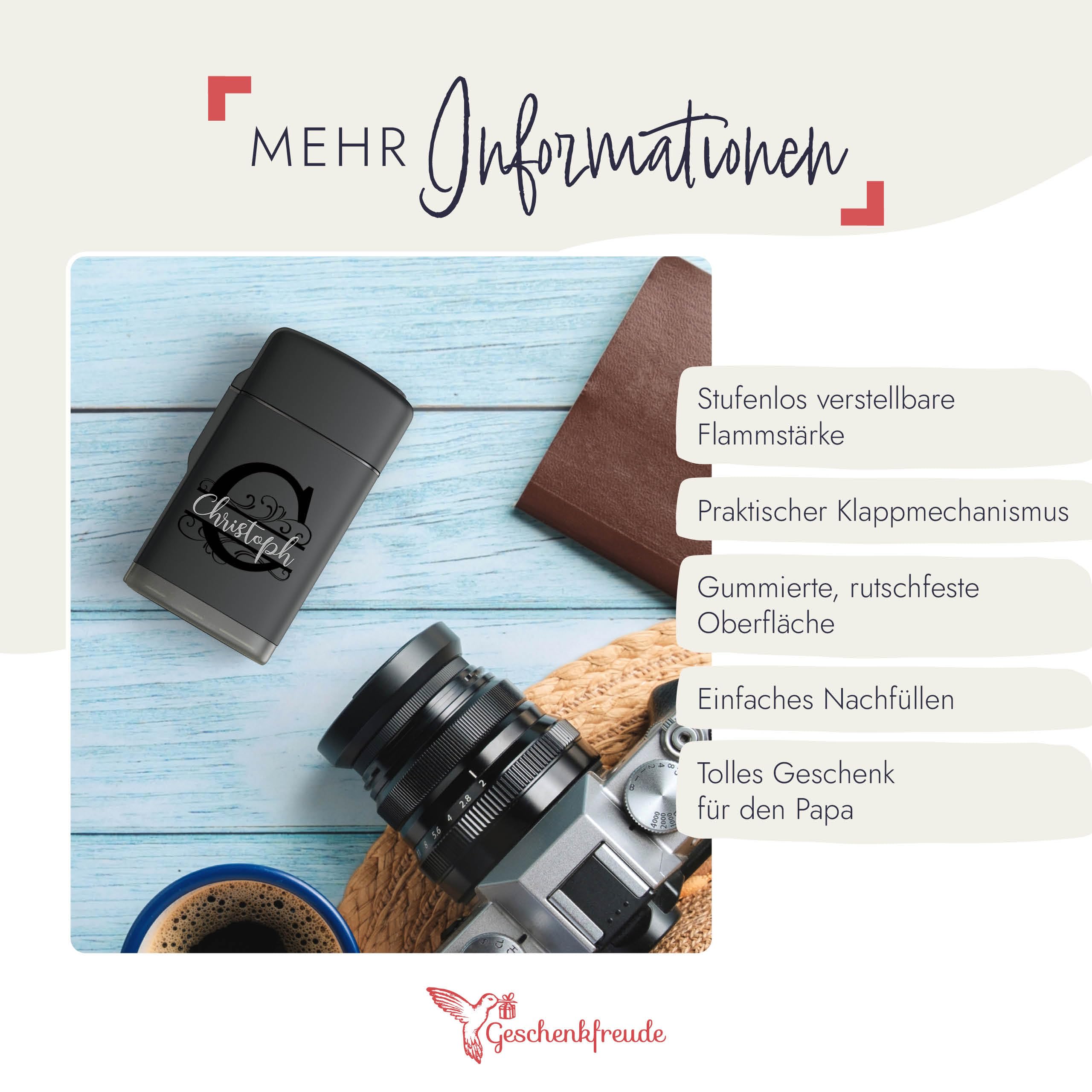 Feuerzeug personalisiert mit Gravur - Sturmfeuerzeug mit Initialen - Geburtstagsgeschenk für Männer - nachfüllbar und windfest - Männertag Geschenke - Geschenk Vatertag - Papa Geschenk