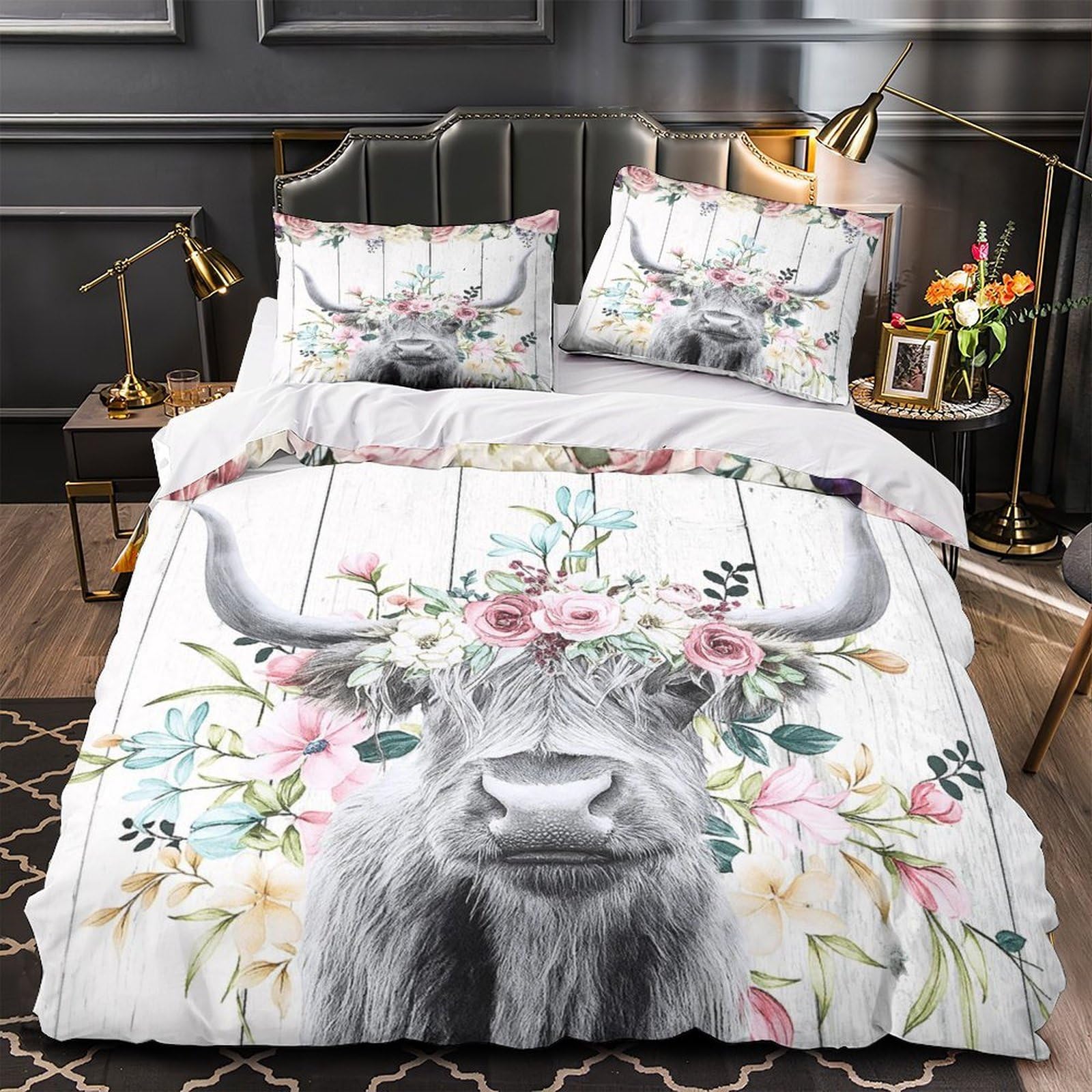 Housse de Couette 260x220 Vache Florale Parure de Lit 3 Pièces Microfibre Drap de Couette Pastel