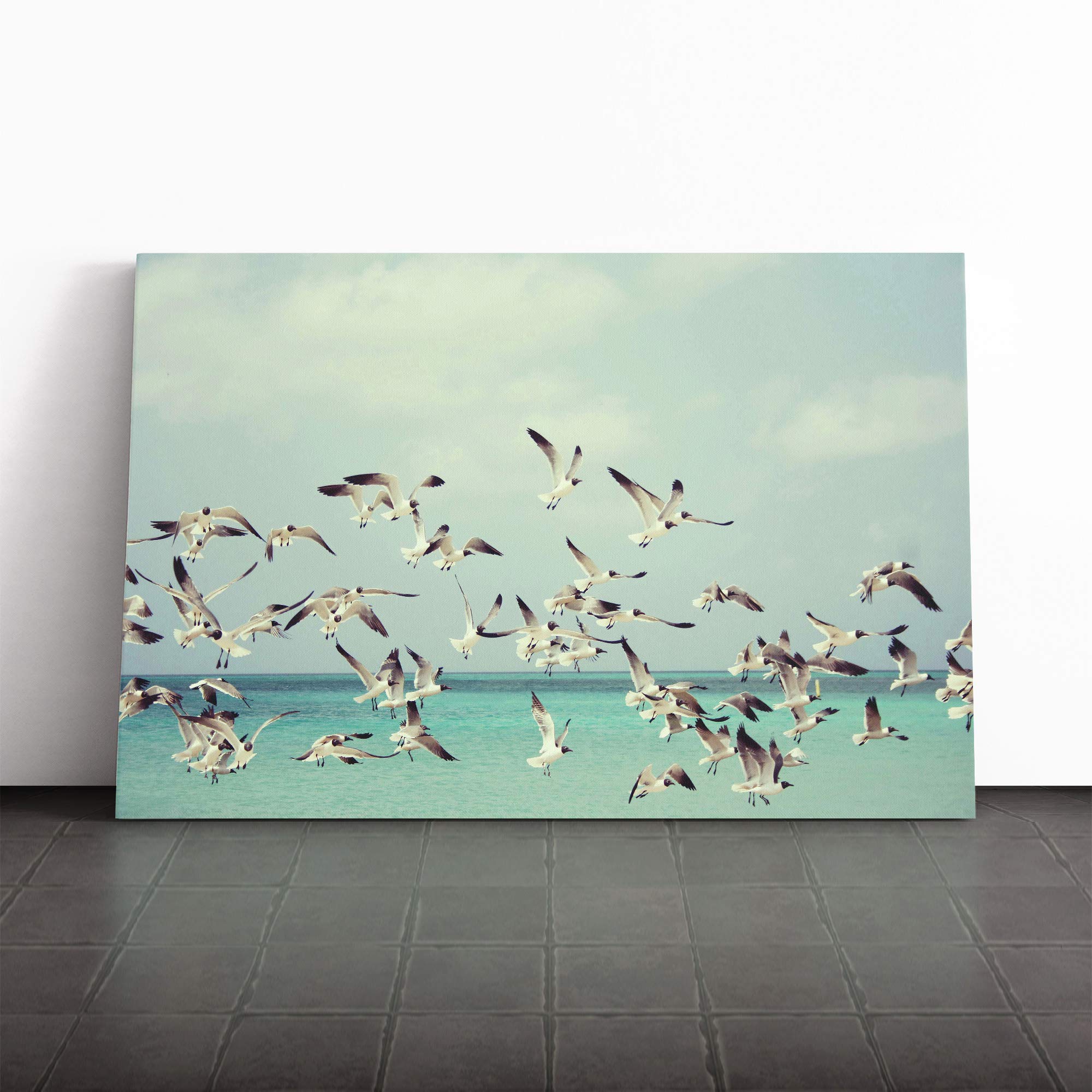 Seagulls Over The Sea Canvas Print | Gallery Wrapped 30mm Frame Wall Art | 30x20 inches | Ready to Hang | Modern Seascape Picture | Living Room Bedroom Lounge Office
