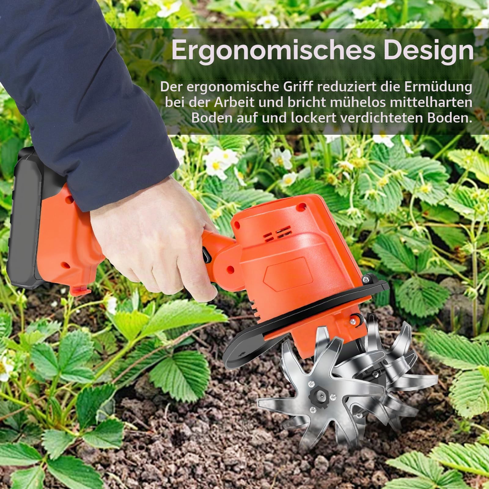 Motorhacke, 21V Akku-Bodenhacke mit 2X 3000 MAh Akuus, Akkubetriebene Gartenfräse Drahtloser Ruderkultivierer für Rasenbodenanbau und Unkraut