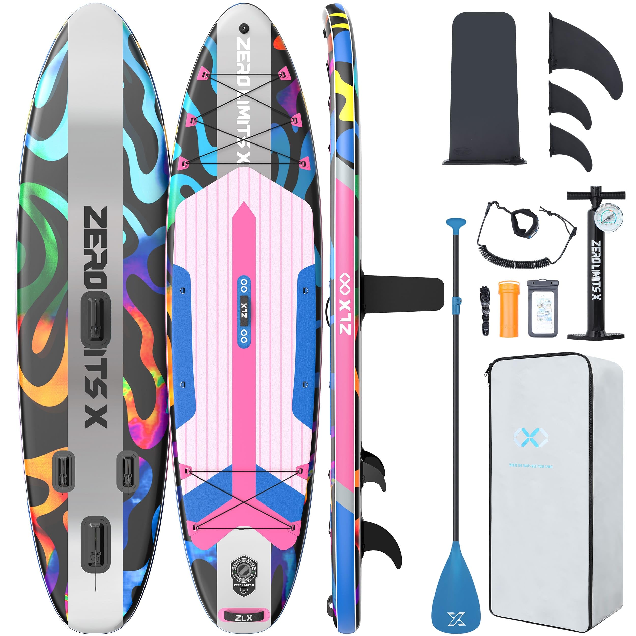 ZLX 10'6" Inflatable Stand Up Paddle Board, Extra Wide Stable Non-Slip Deck Pad, Unique Center Fin, Portable Paddleboard for Adults, Premium SUP for All Skill Levels