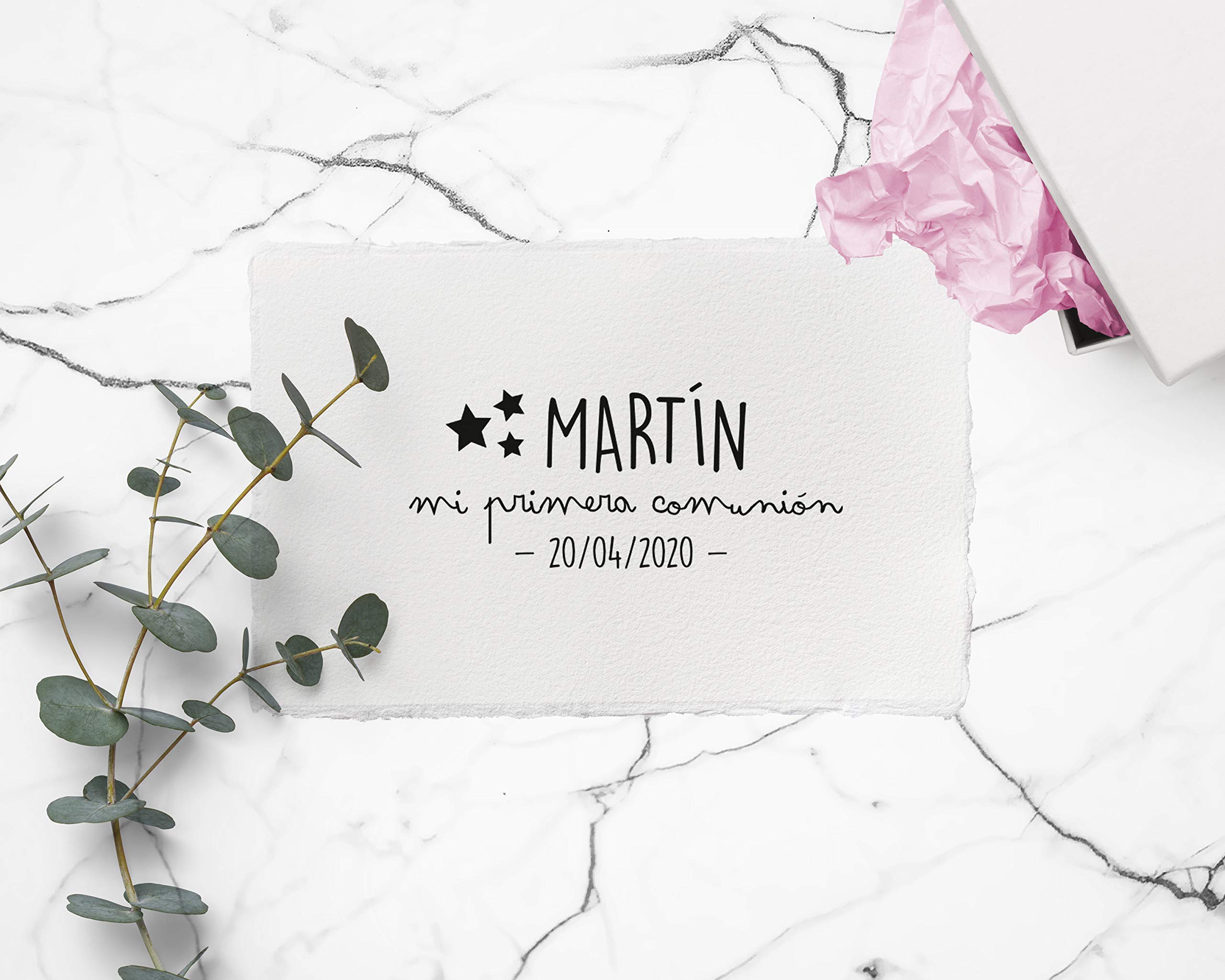 Stamp by Me | Sello Personalizado para Comunión | 4 Diseños | Sello de Madera | Sello de Comunión | Ideal para los Sobres e Invitaciones | Con Tampón de Tinta Opcional | Nombre y Fecha | Estrellas