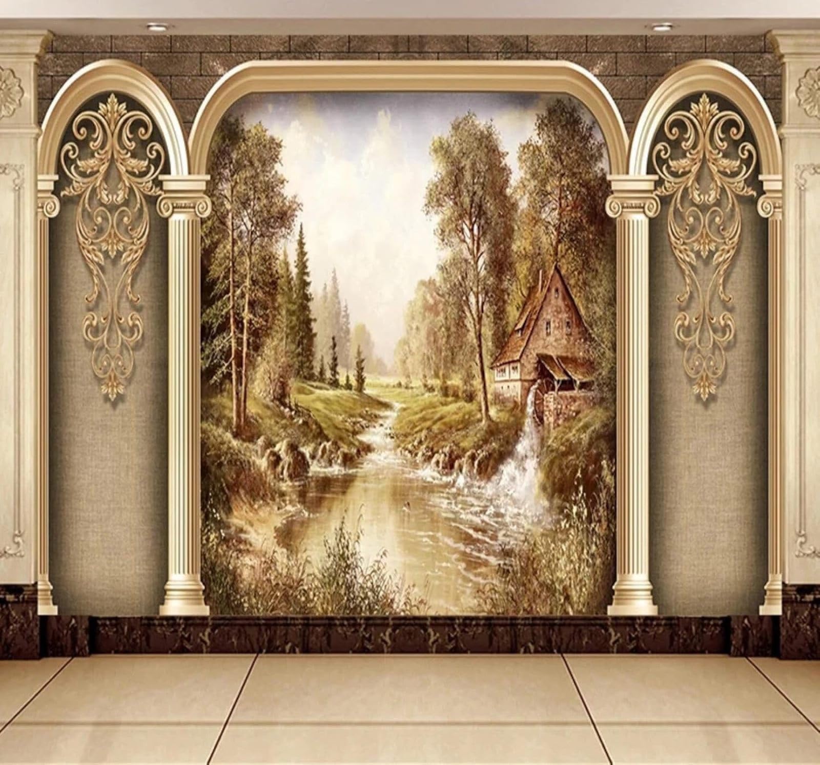 Xlming 300Cm×210Cm(B×H) Vintage Roman Columns Rivers Forests Landscapes 3D Wallpaper Luxury Home Dining Decor Paste Sofa Living Room The Wall For Bedroom Mural-300Cm×210Cm