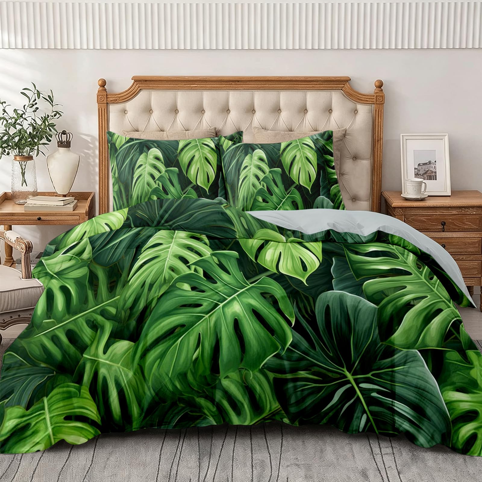 Housse de Couette Monstera Botanique 160x200 2 Personnes, Deco Cadeau