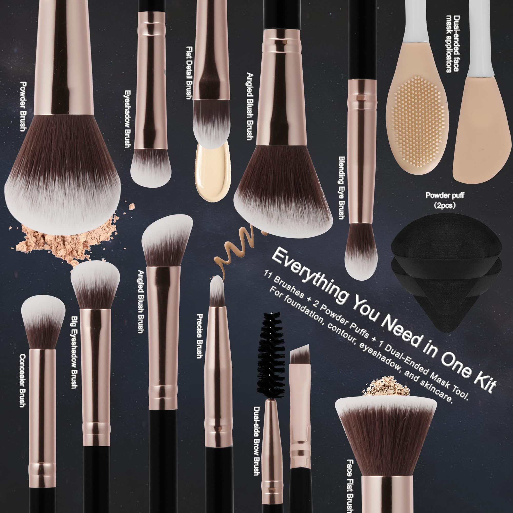 Black Makeup Brush Set - 14 Pcs Professional -3