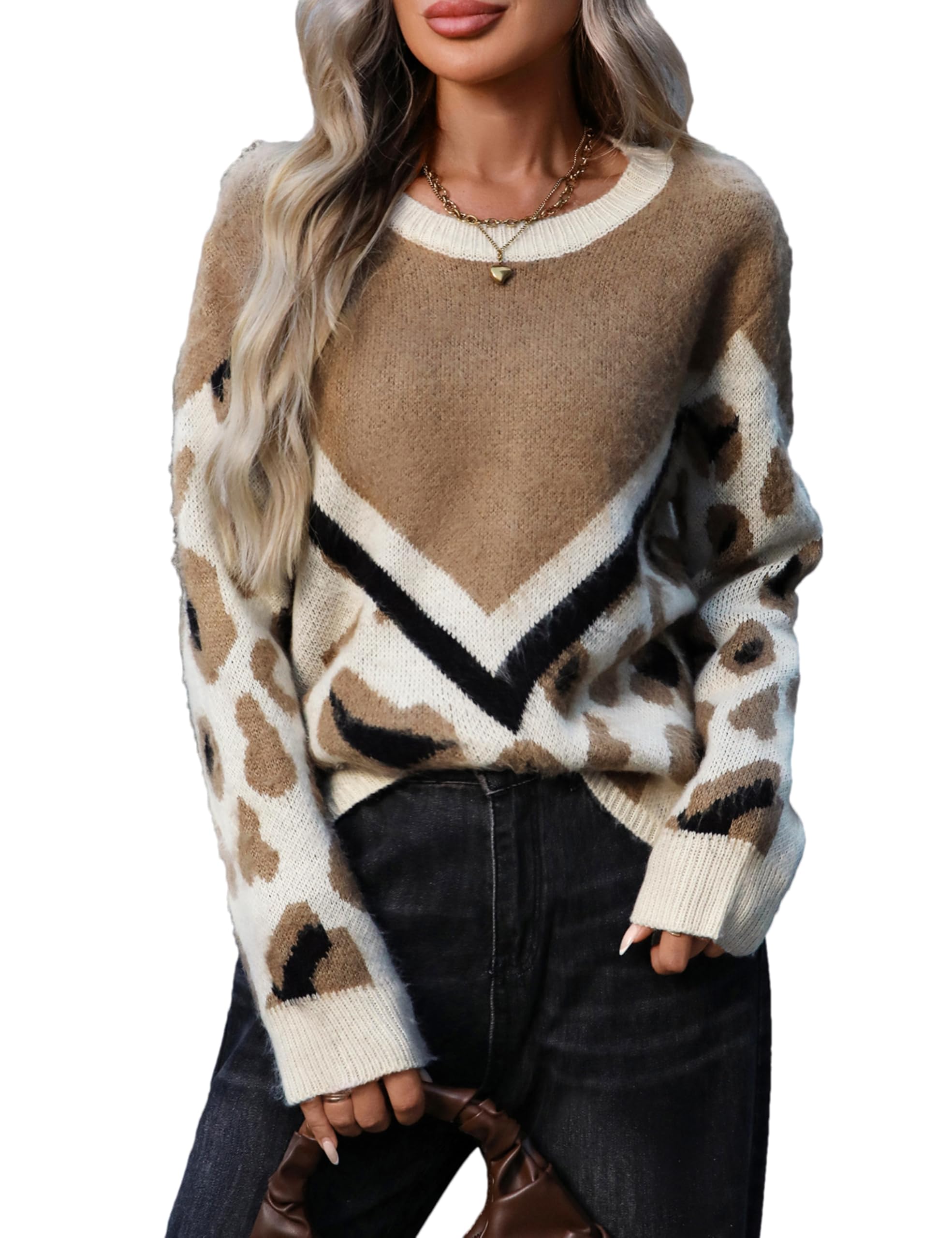 Mingzhu Womens Crew Neck Patchwork Leopard Chevron Print Loose Pullover Long Sleeve Knitted Cheetah Sweater Tops