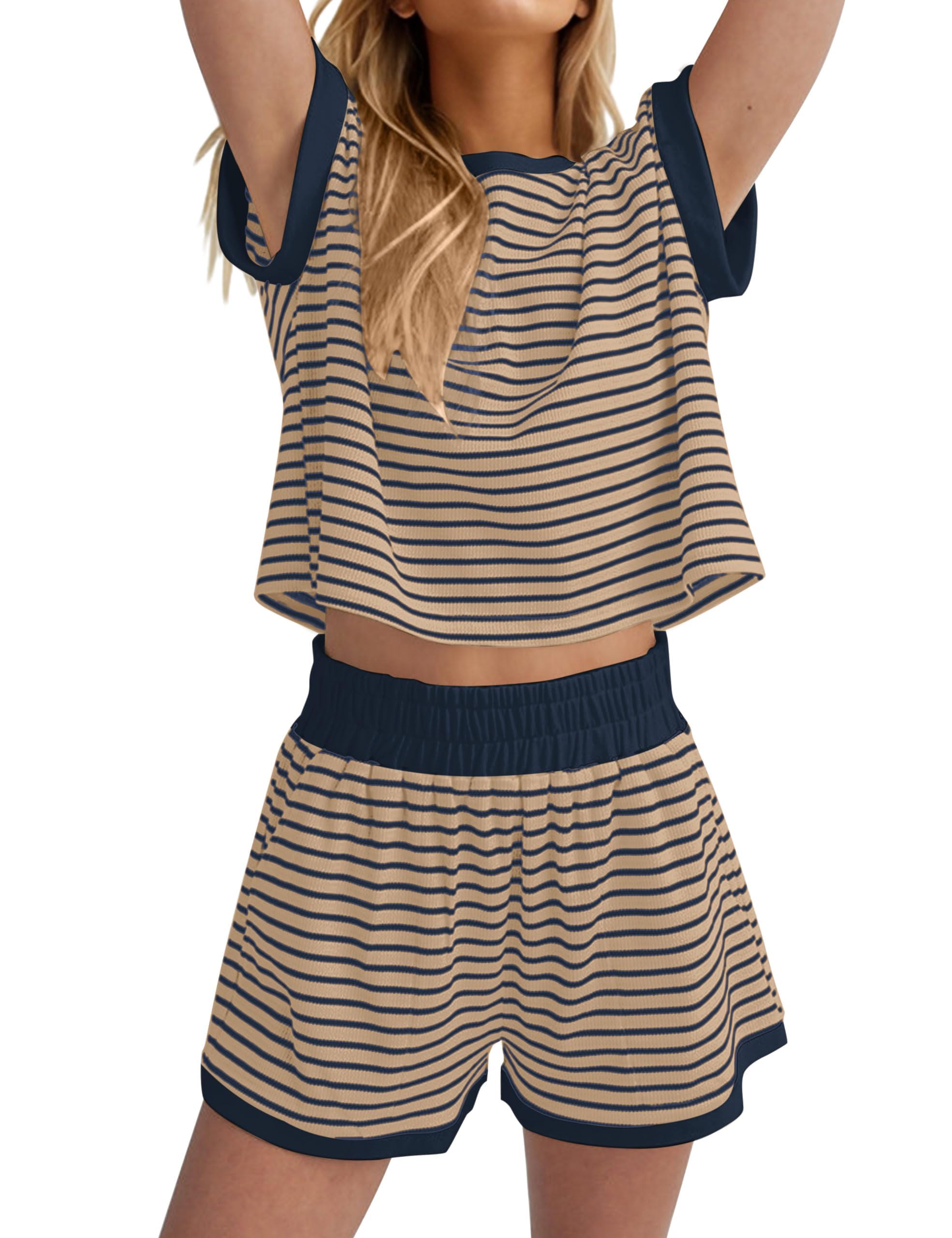 Burtell Women Summer 2 Piece Lounge Sets Striped Short Sleeve Tee Shirts Mini Shorts Loungewear Shorts Set Ribbed Pajama Set