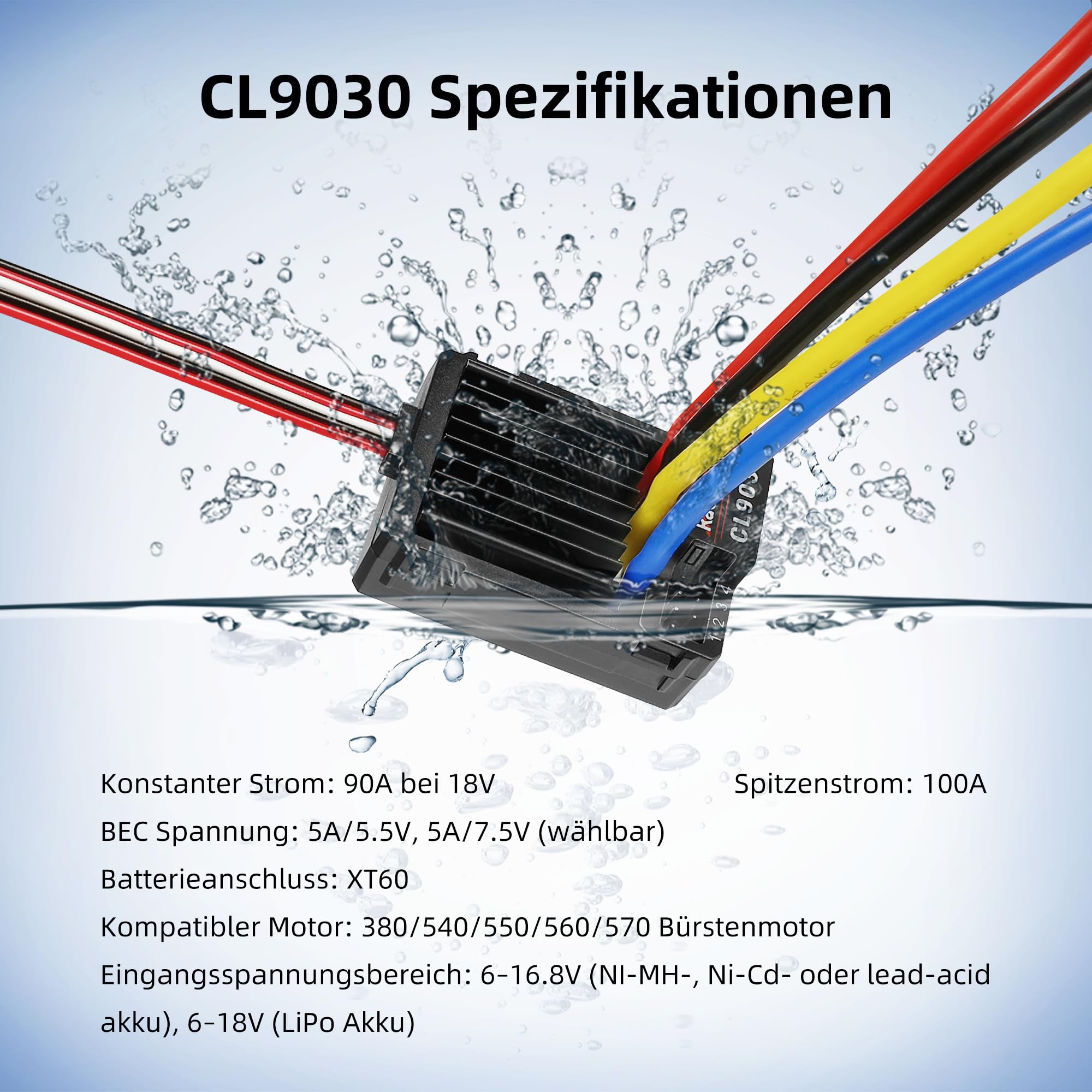 Radiolink Cool 9030 ESC 90A Brushed (2-4S) Wasserdicht Eingebautes BEC 5A Wählbar 5.5V/7.5V Elektronischer Drehzahlregler für RC Truck Crawler Panzer Autos Köder Boote (XT60 Stecker Schwarz)