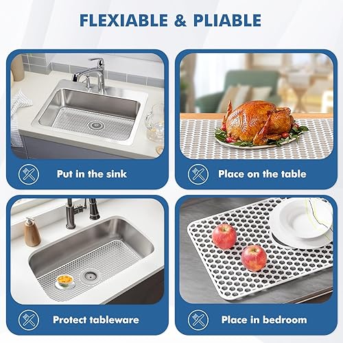 Miniatura 115 de Paquete de 2 tapetes de silicona para fregadero de 13.58 x 11.6 pulgadas, protectores para fregadero de cocina con drenaje central, rejilla Gris