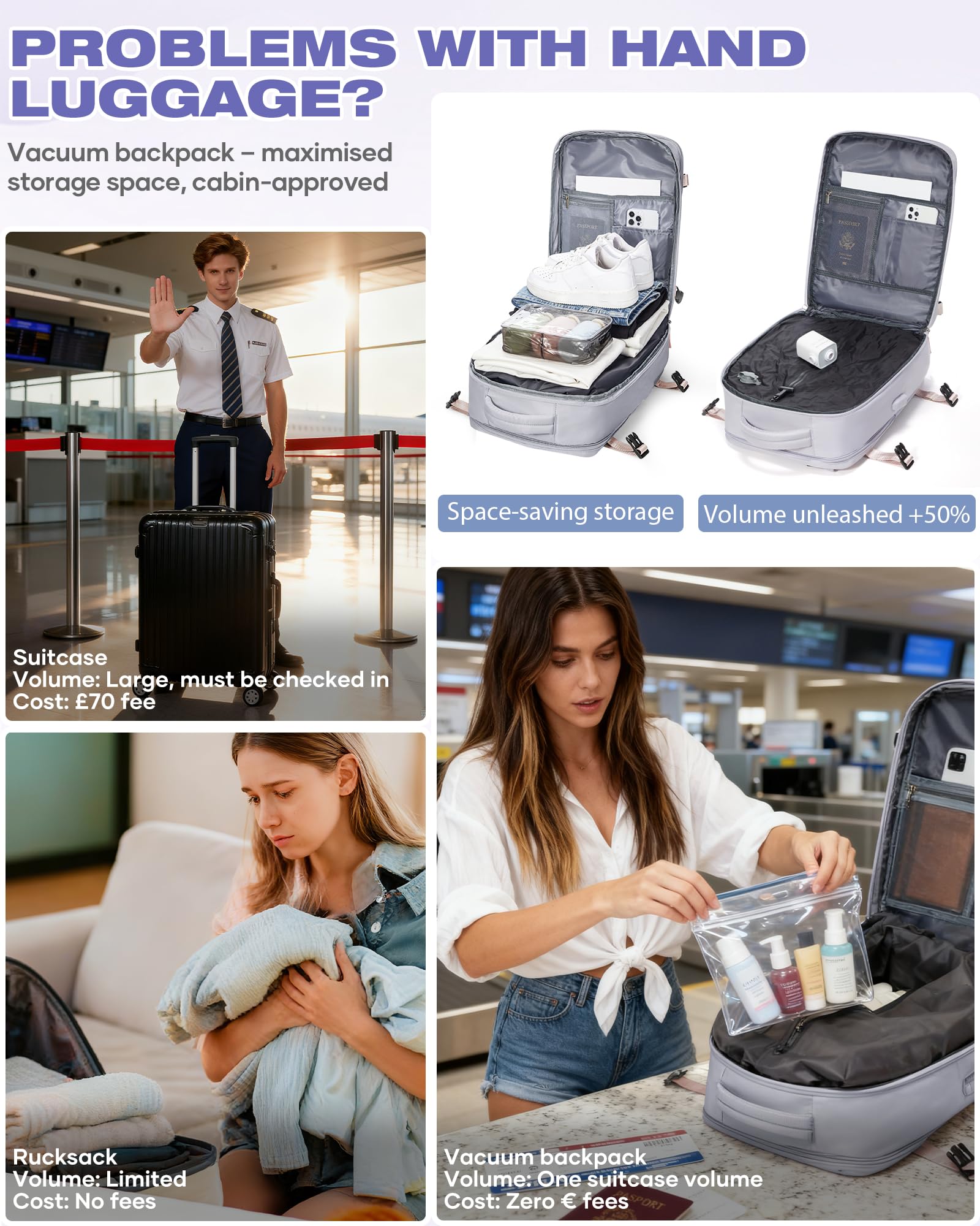 SZLX Zaino Ryanair 40x30x20 Sottovuoto Zaino da Viaggio 40x30x20 Wizzair Bagaglio a Mano 40x20x25 Borse da Cabina per Easyjet 45x36x20 Donna con USB Adatto a PC da 14 Pollici, Valigia con Sottovuoto